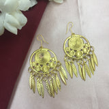 Pure Golden Leaf Dangle Flower Circle Hook Earrings