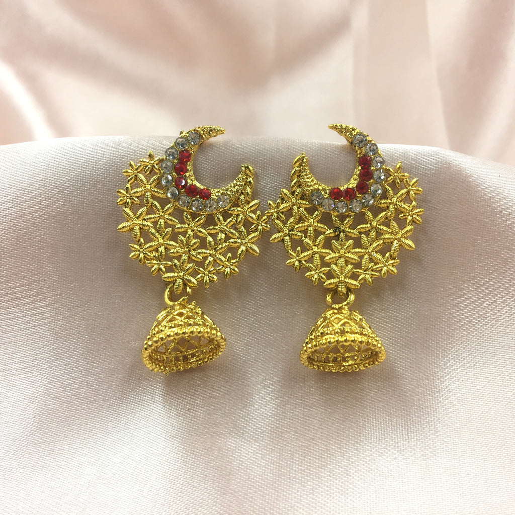 Matte Gold Finish Coral Yellow Thread Embroidered Half Moon Earrings Design  by Bauble Bazaar at Pernia's Pop Up Shop 2024