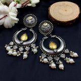 Old Vintage Era Style Half Moon Design Round Pearls Earrings