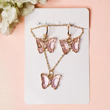 Aqua Pink Butterfly Necklace Earring Set