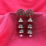 Genuine Peacock Face Triple Jhumka Beads Earrings