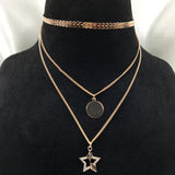 Bold Stunning Triple Layer Chain With Star & Circle Necklace