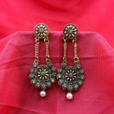 Flower Face With Chain Flower Dangle & Stones Earrings