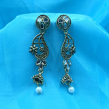 Golden Floral Design With Shiny Stones Fine Earrings