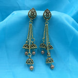 Pear Face With Triple Chain Antique Jhumka Beads Earrings