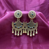 Flower Face With Solid Stones Golden Oxidised Earrings