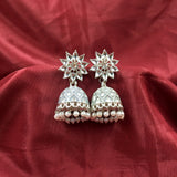 Lustrous White Flower Face Silver Oxidised Rajwadi Jhumka Earrings