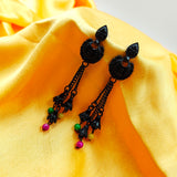 Dark Black With Multi Color Beads Chain Earring