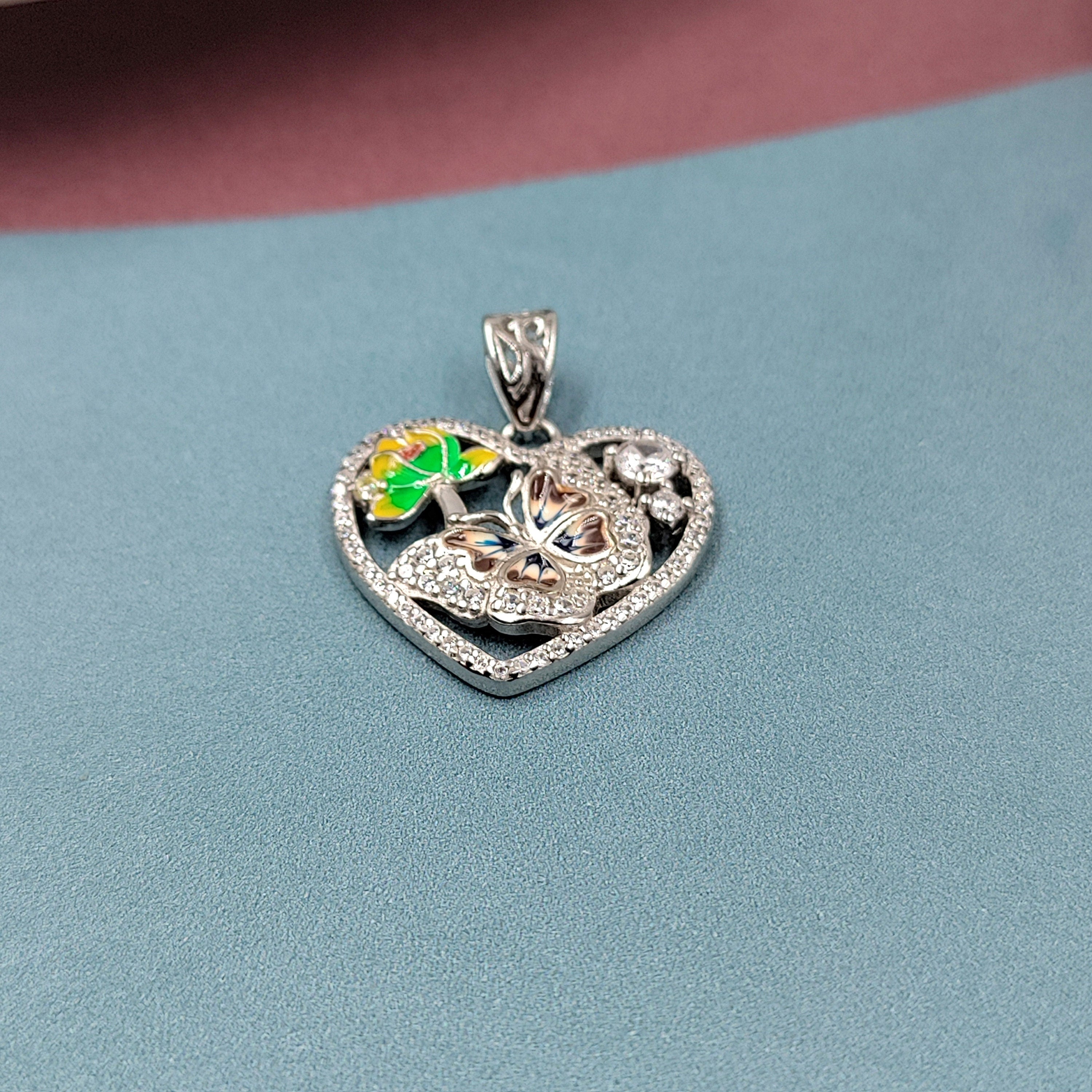 Pretty Butterfly CZ 925 Sterling Silver Pendant Heart Shape Pendant Handmade Jewellery Birthday, Anniversary, Wedding