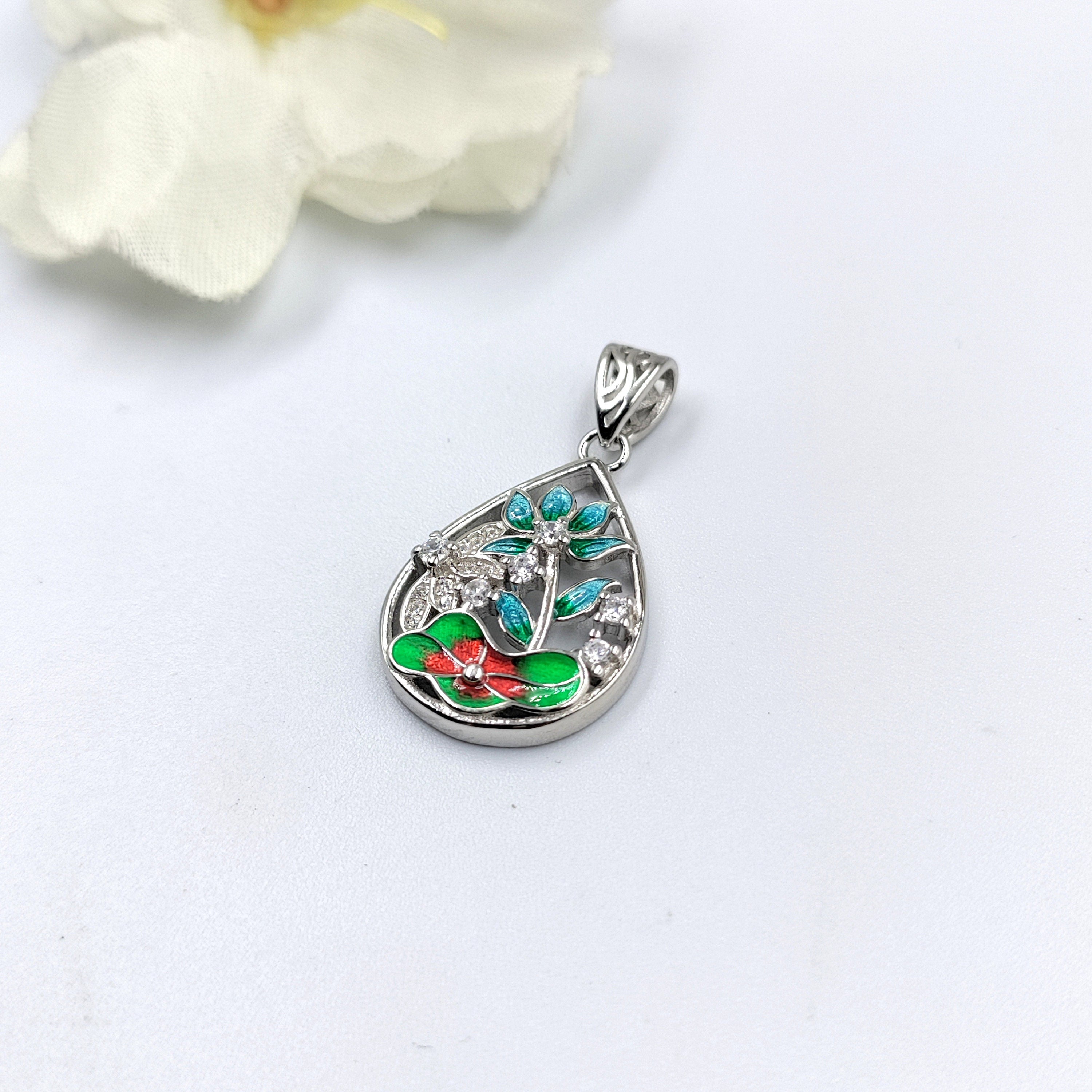 Floral Flower Pendant 925 Sterling Silver Beautifully Crafted Pear Shape Enamel Pendant Handmade Jewellery