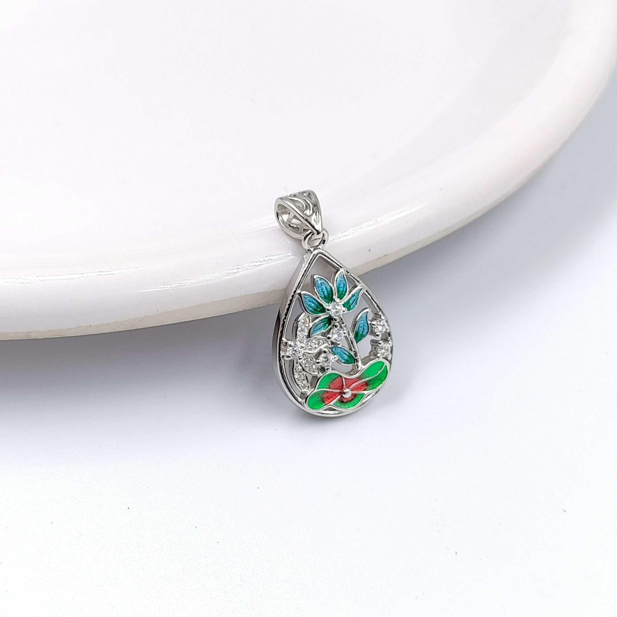 Floral Flower Pendant 925 Sterling Silver Beautifully Crafted Pear Shape Enamel Pendant Handmade Jewellery