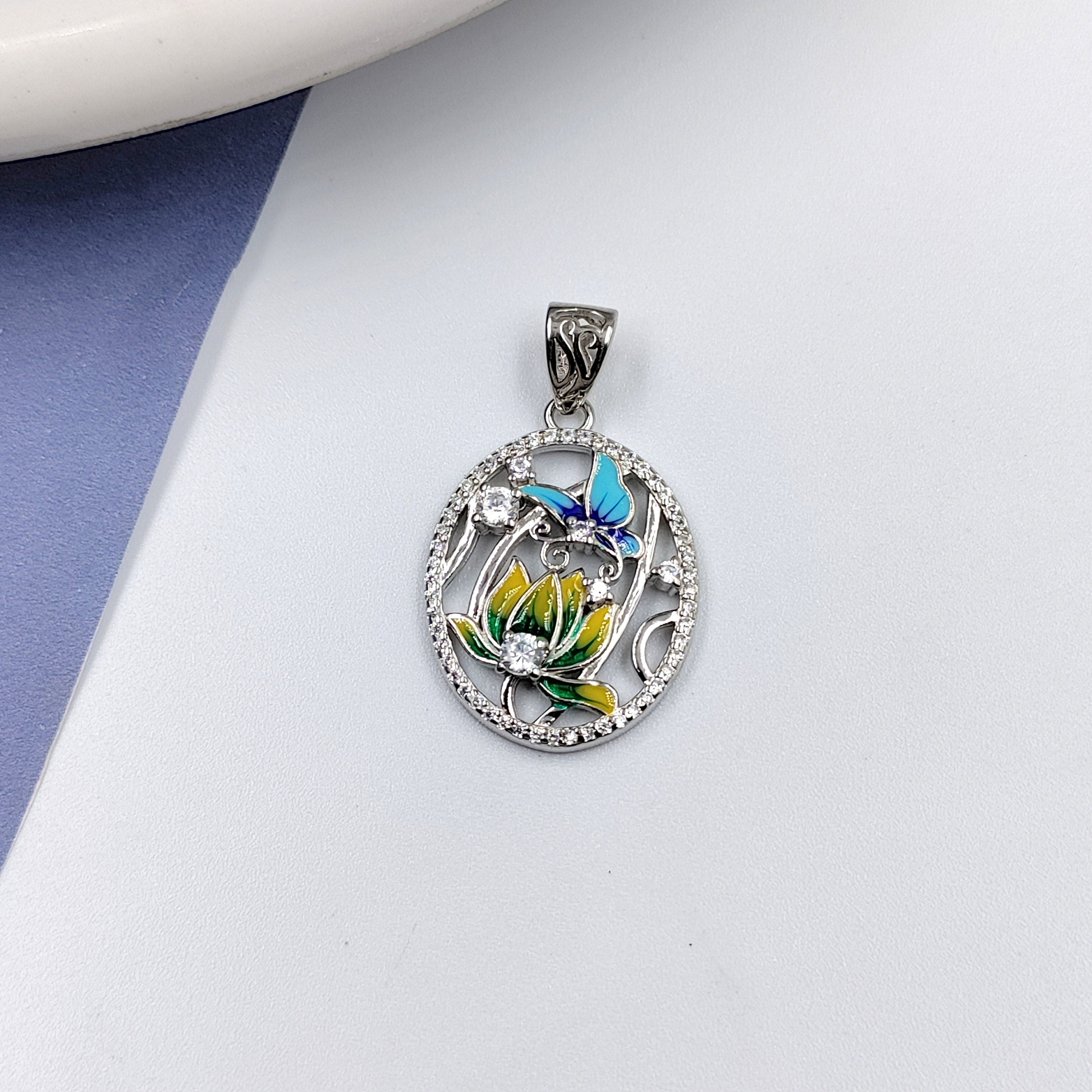 Multi color 925 Sterling Silver Pendant Oval Shape Enamel Pendant Handmade Jewelery for Girlfriend