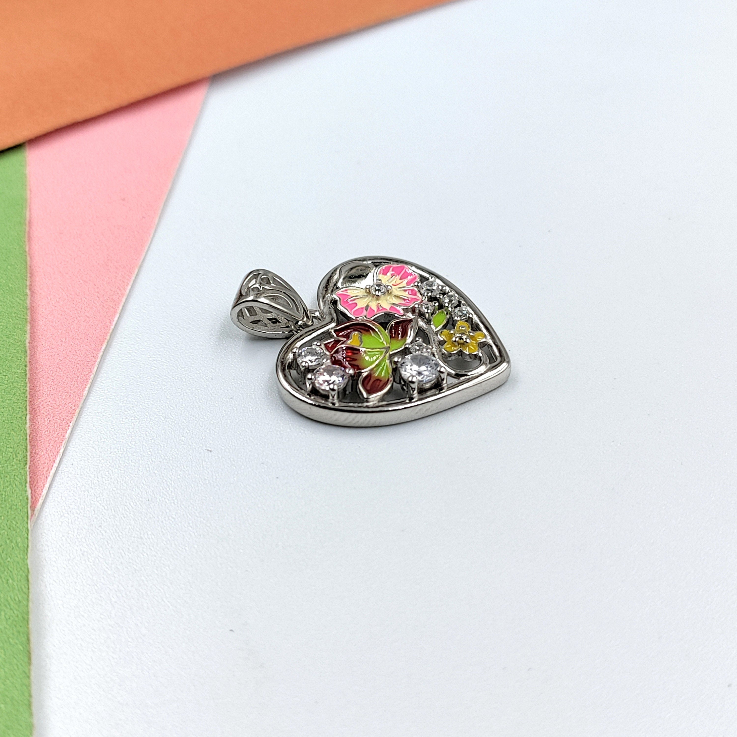 Red Green color Heart Shape Pendant 925 Sterling Silver Beautifully Crafted Enamel Pendant Floral CZ Jewelry Cute Handmade Bridesmaid Jewellery