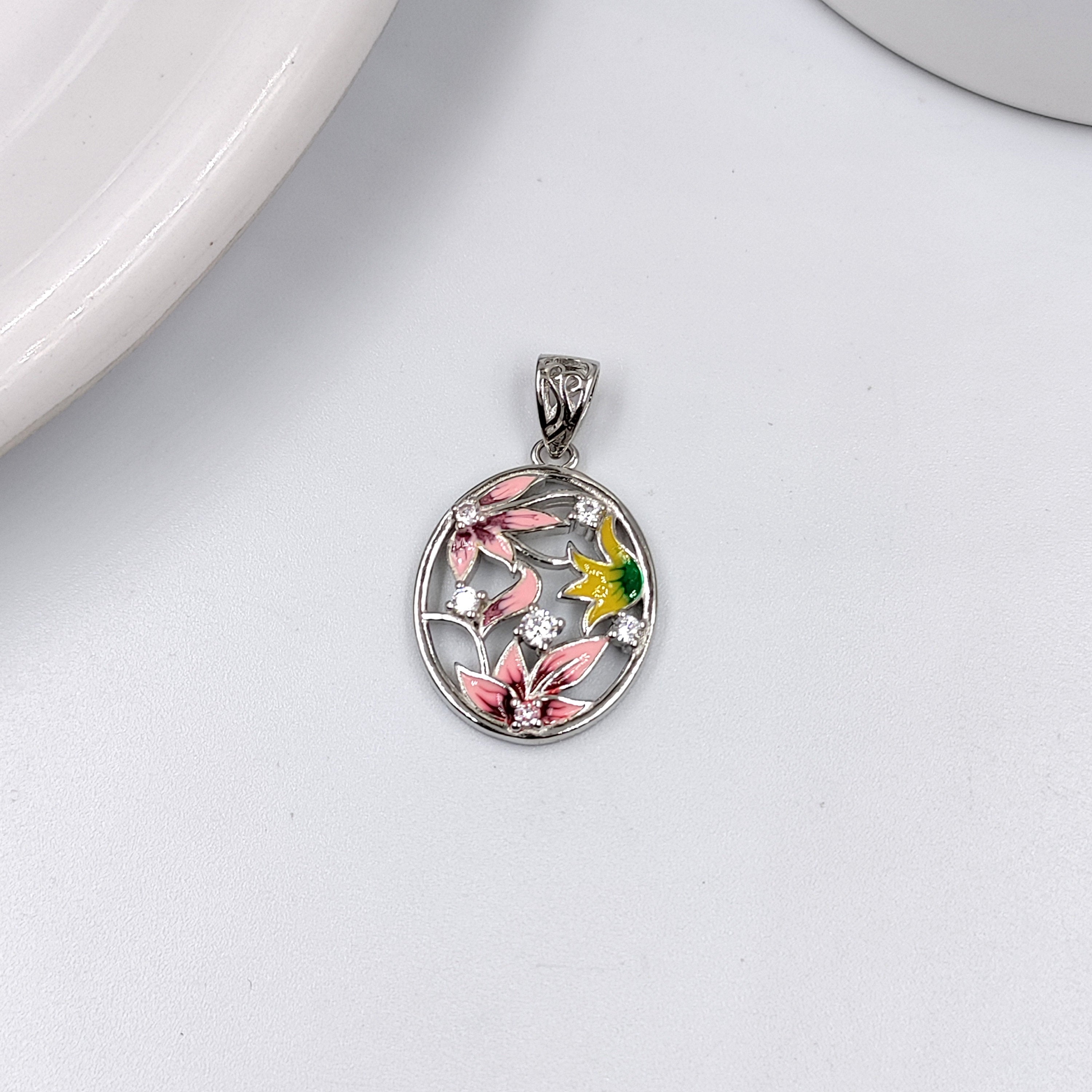 Pretty Flower Design Pendant 925 Sterling Silver Pendant Oval Shape Enamel Pendant with CZ Diamonds Handmade Jewellery,Daughter,Mother