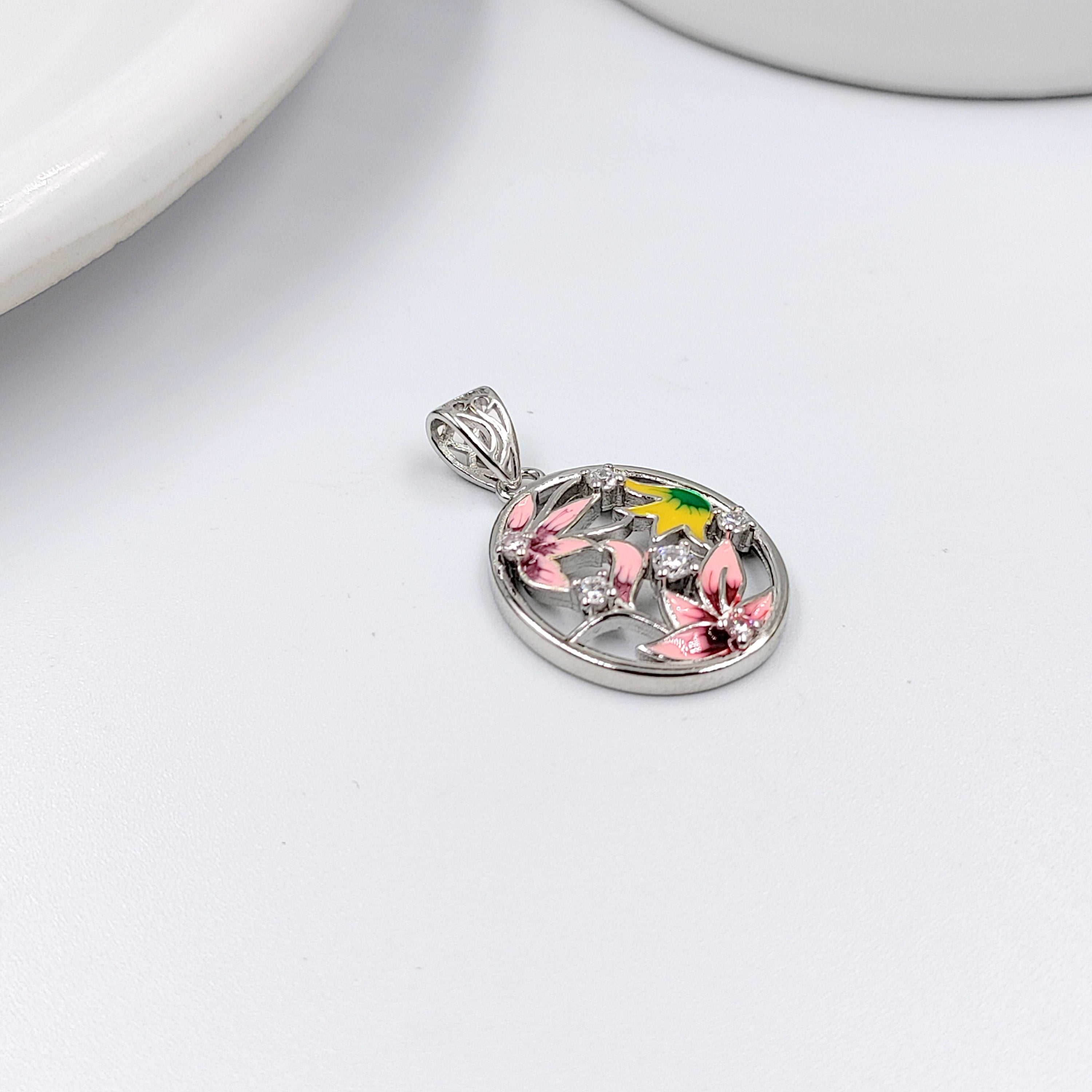 Pretty Flower Design Pendant 925 Sterling Silver Pendant Oval Shape Enamel Pendant with CZ Diamonds Handmade Jewellery,Daughter,Mother
