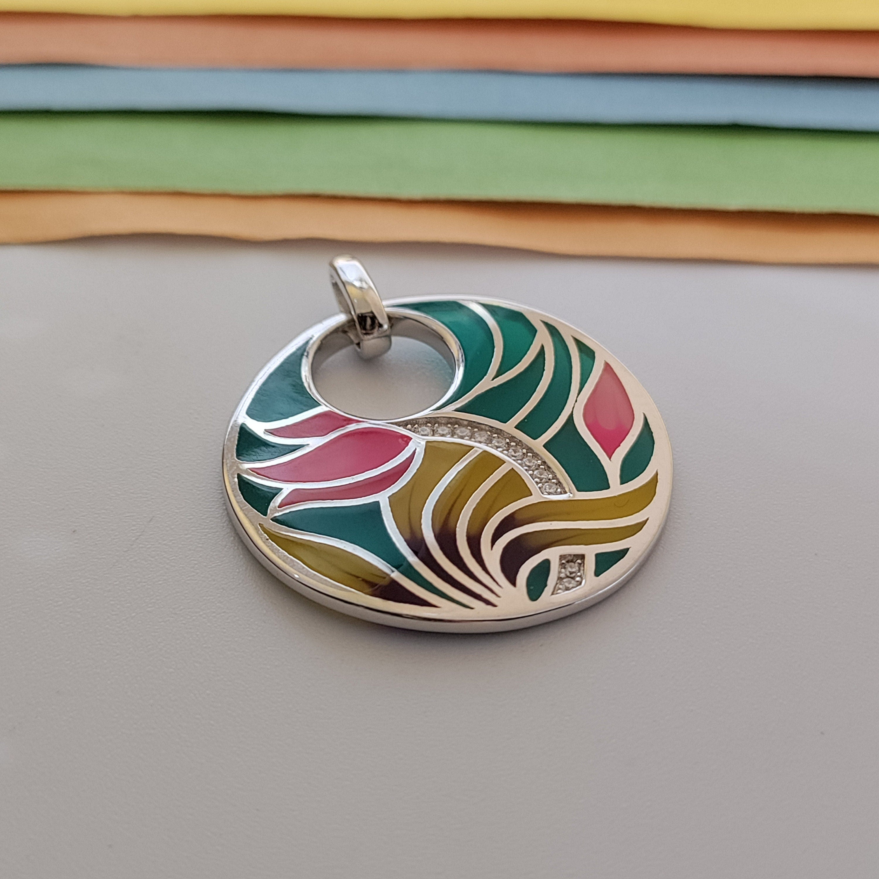 Multicolor Round Enamel Pendant 925 Sterling Silver Beautiful Handcrafted Floral art jewelry
