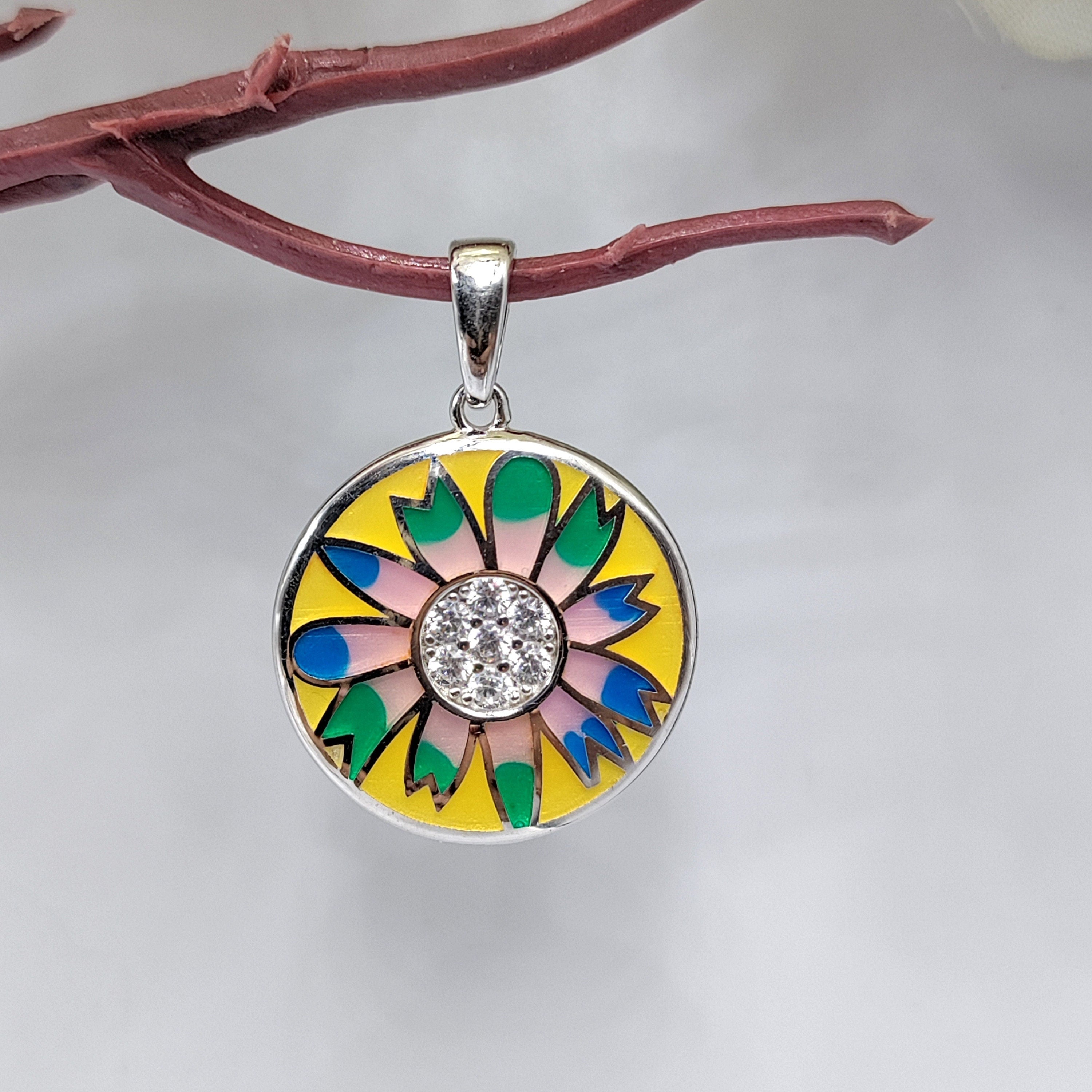 Round Floral Design Yellow Enamel Pendant 925 Sterling Silver Beautifully Crafted Handmade jewelry Handmade Jewellery