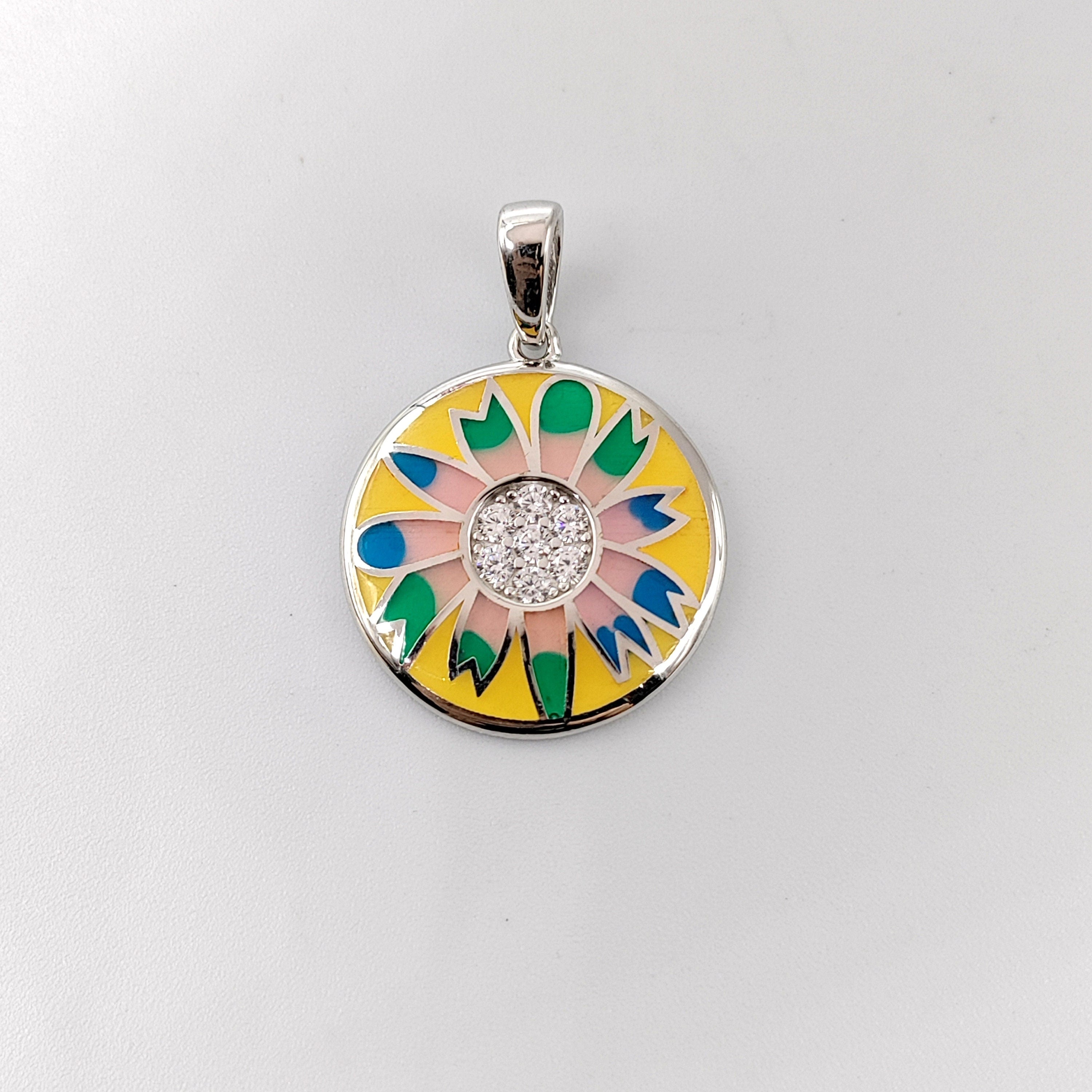 Round Floral Design Yellow Enamel Pendant 925 Sterling Silver Beautifully Crafted Handmade jewelry Handmade Jewellery