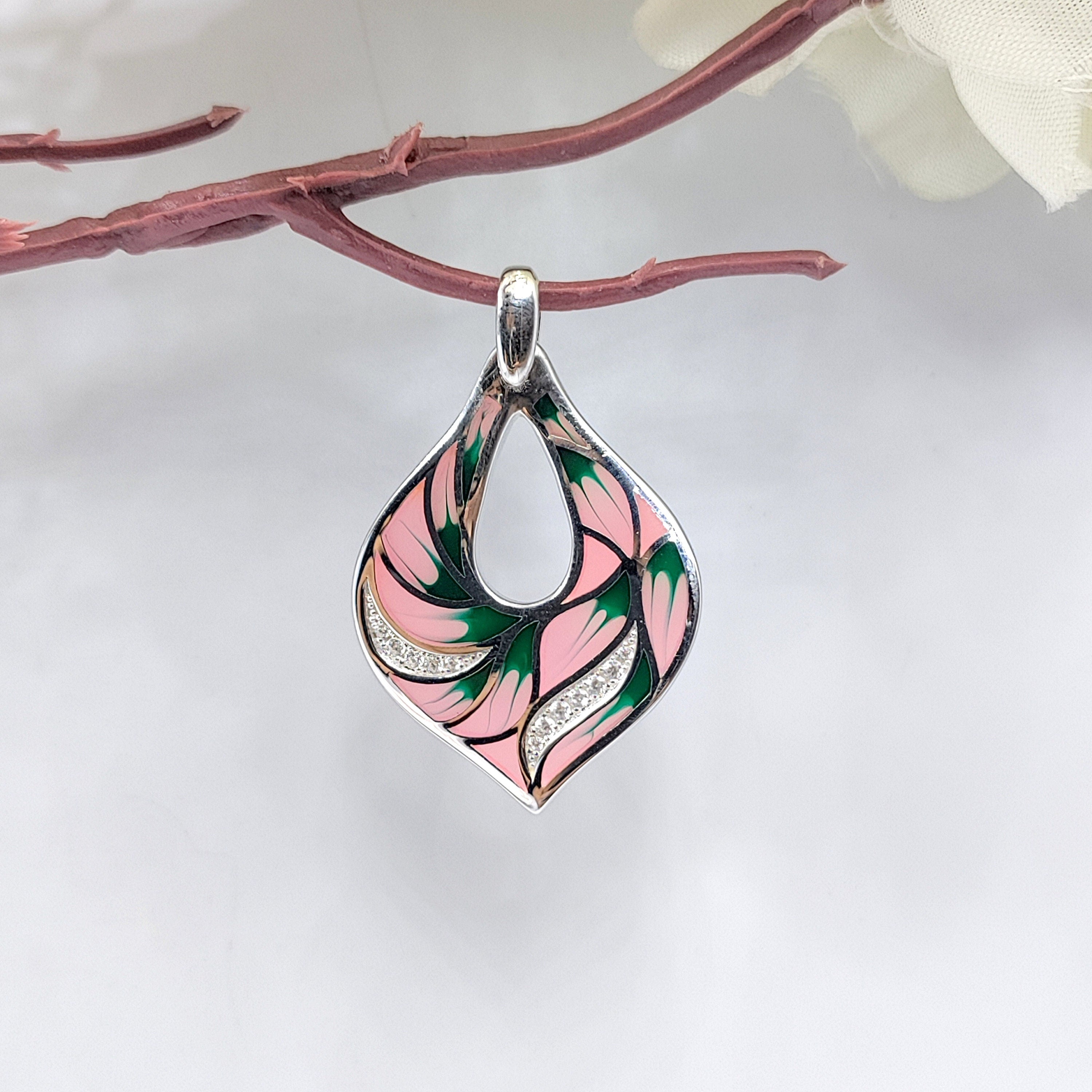 Pink Floral Enamel Pendant Petal Shape 925 Sterling Silver Beautiful Handcrafted Floral art jewelry
