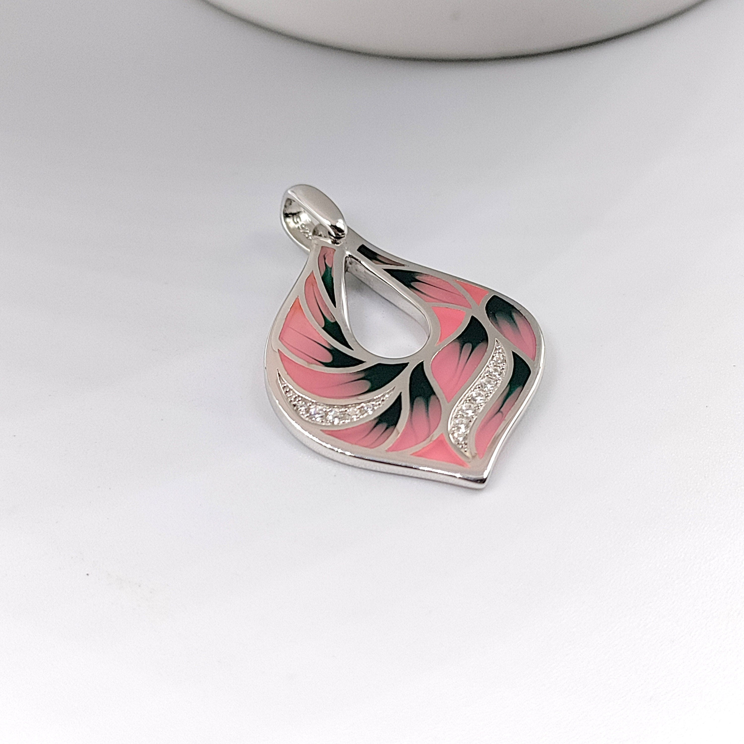 Pink Floral Enamel Pendant Petal Shape 925 Sterling Silver Beautiful Handcrafted Floral art jewelry