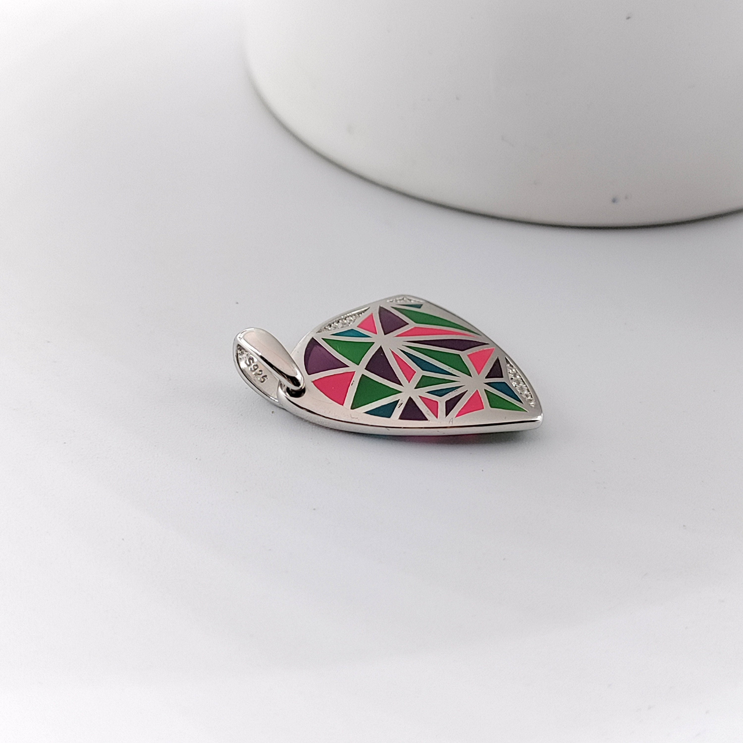 Geometric Design Triangle Shape Multicolor Enamel Pendant 925 Sterling Silver Handmade jewelry
