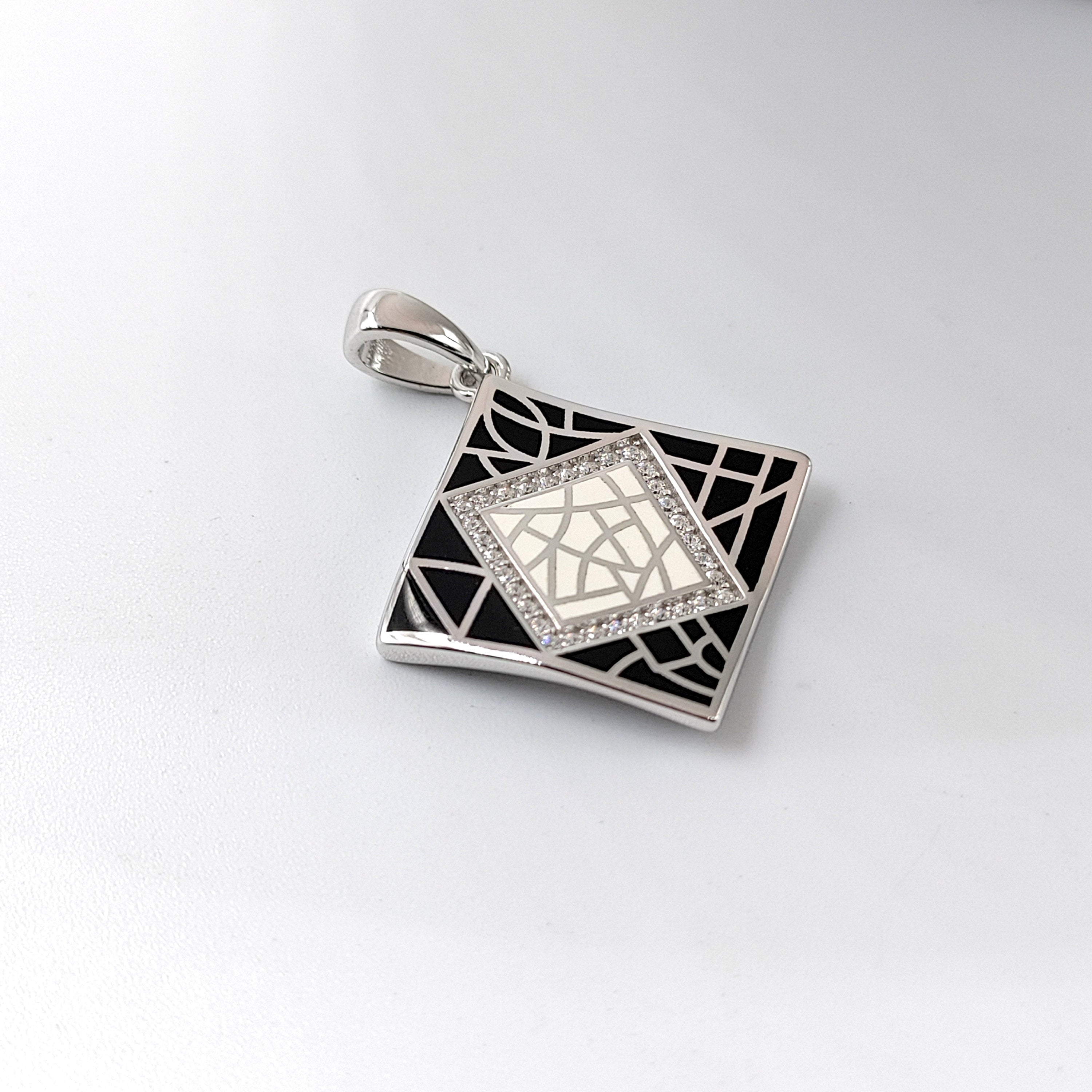 Black CZ Geometric enamel Pendant 925 Sterling Silver Minimalist Handmade art jewelry Handmade Jewellery