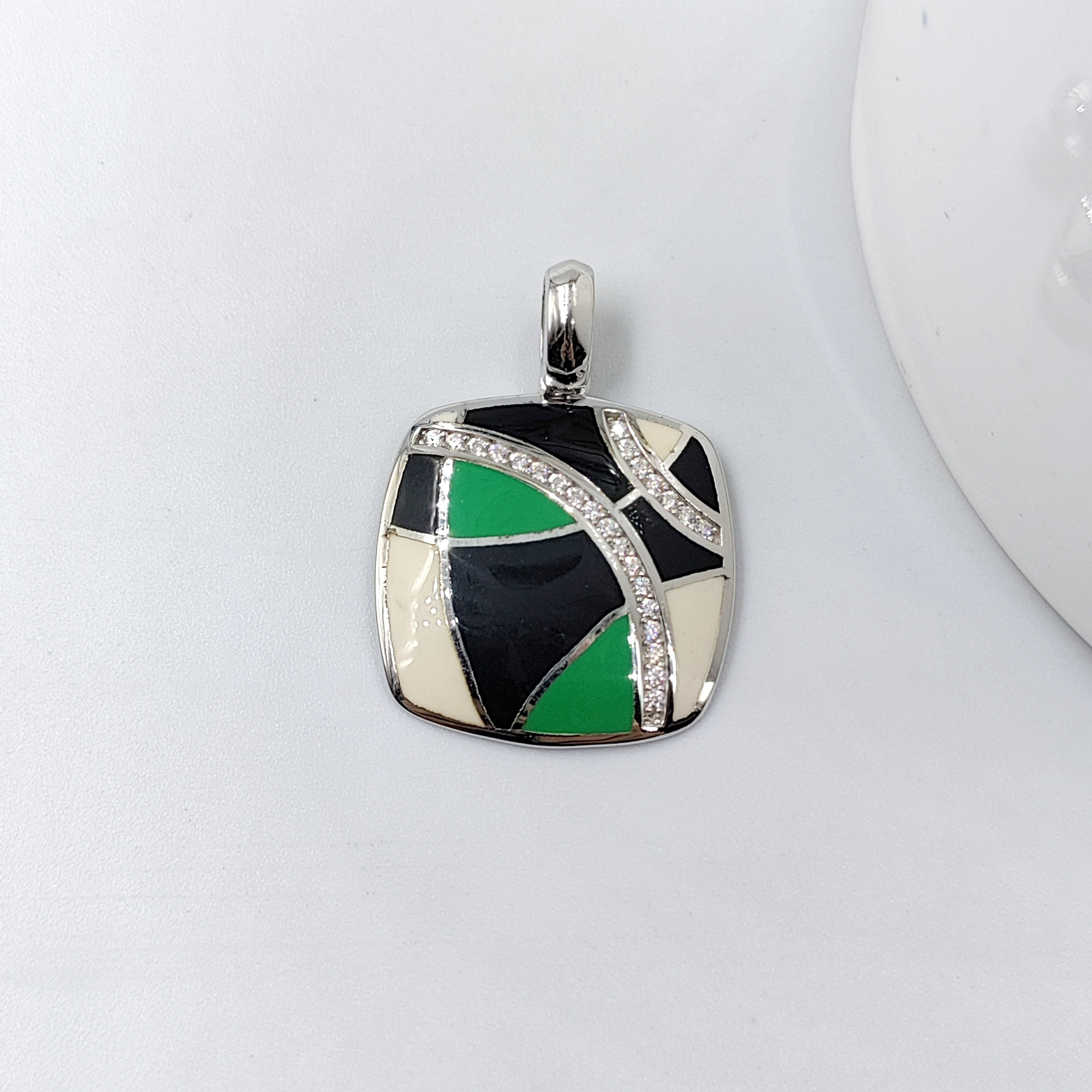 Emerald Black and white 925 Sterling Silver Enamel Pendant Minimalist Handmade art jewelry