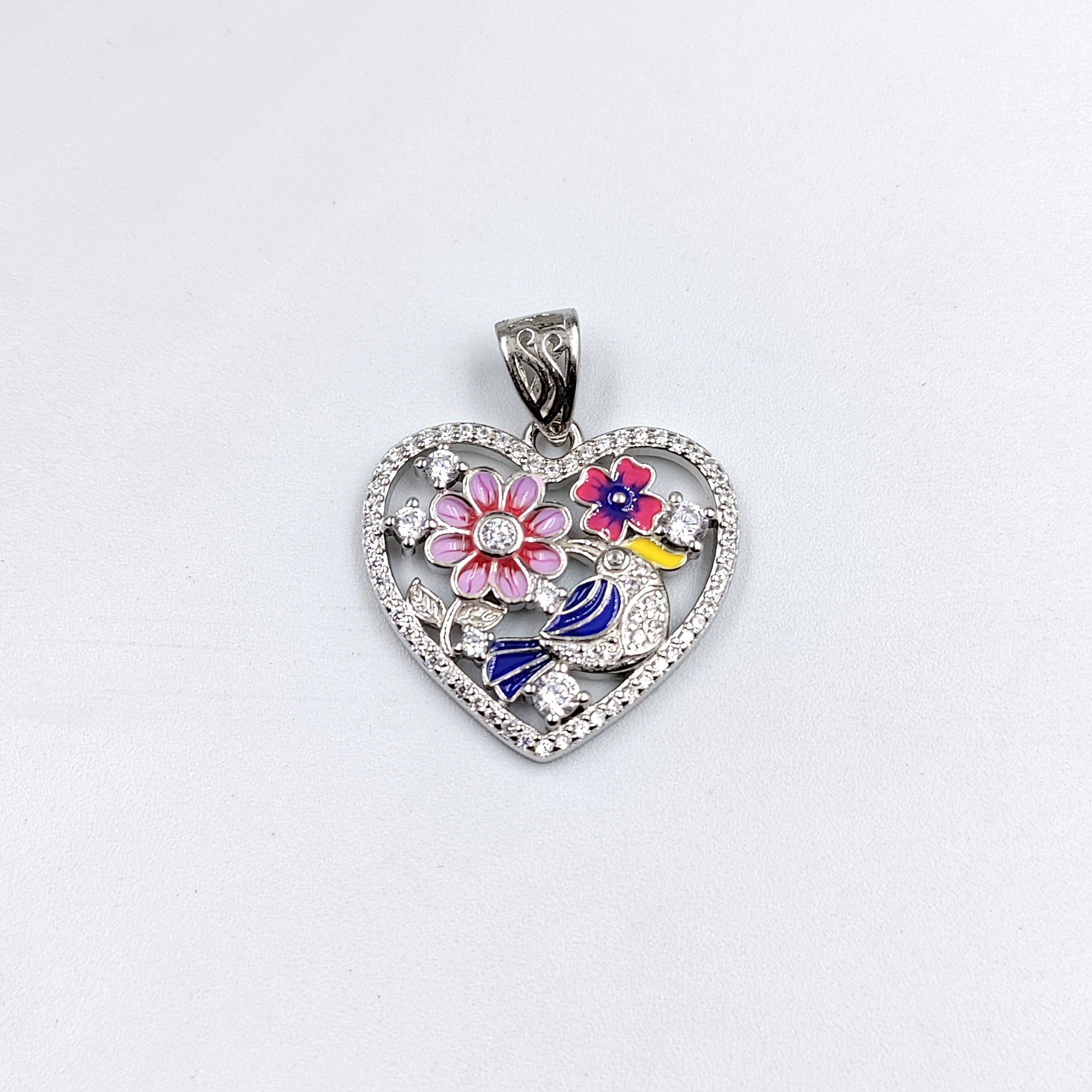 Heart Shape Floral Design Pendant 925 Sterling Silver Beautifully Crafted Enamel Pendant Floral CZ Jewelry Cute Handmade Jewellery