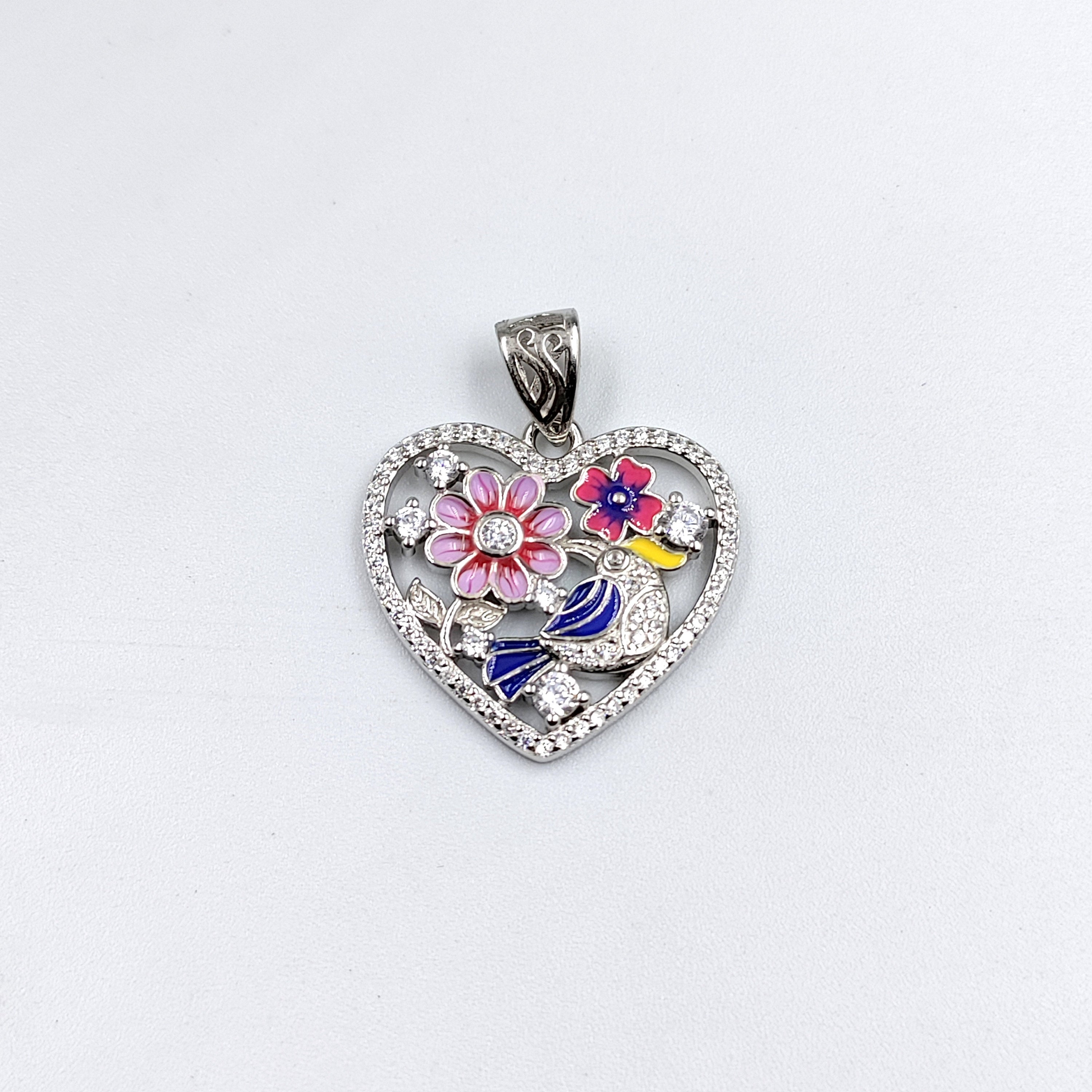 Heart Shape Floral Design Pendant 925 Sterling Silver Beautifully Crafted Enamel Pendant Floral CZ Jewelry Cute Handmade Jewellery