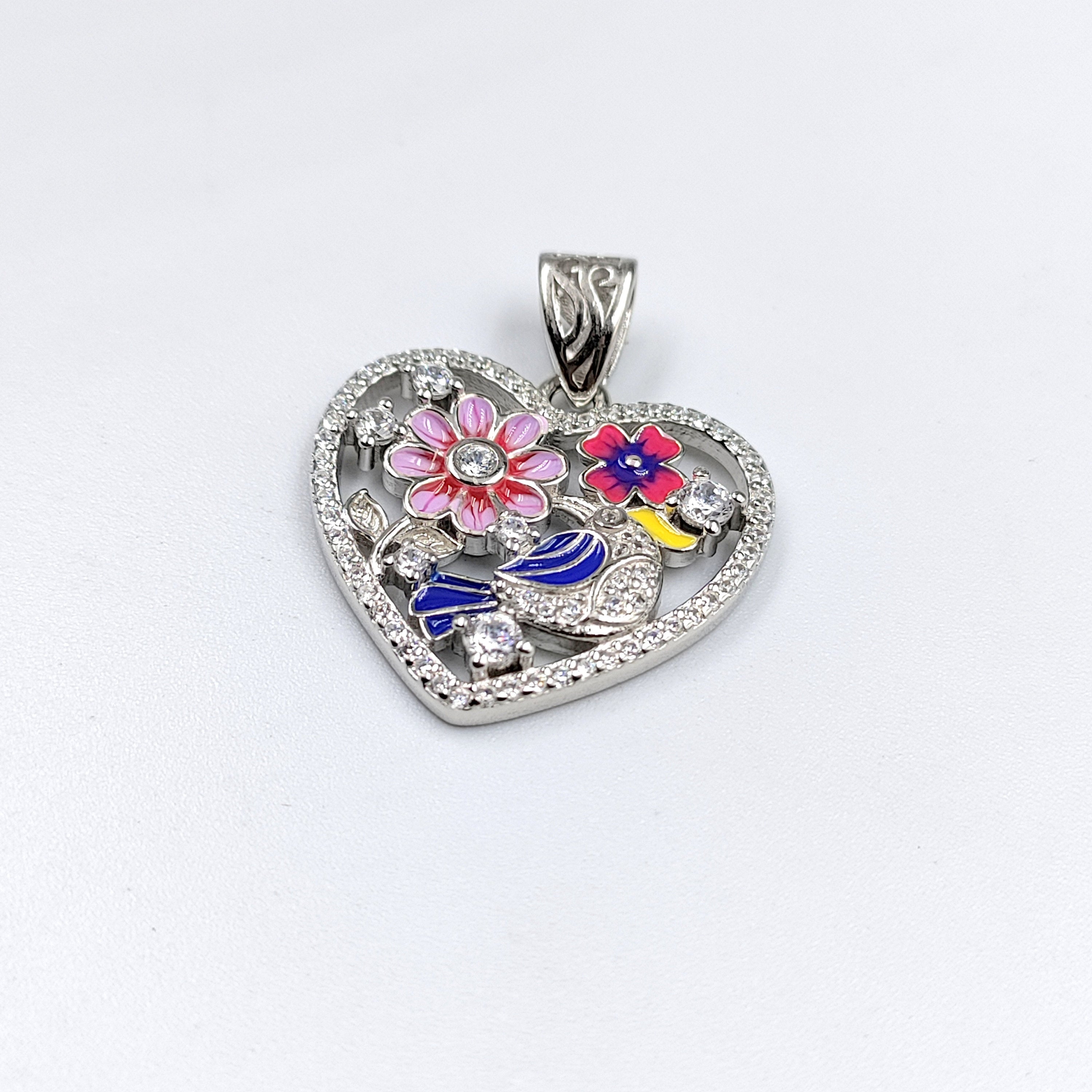 Heart Shape Floral Design Pendant 925 Sterling Silver Beautifully Crafted Enamel Pendant Floral CZ Jewelry Cute Handmade Jewellery