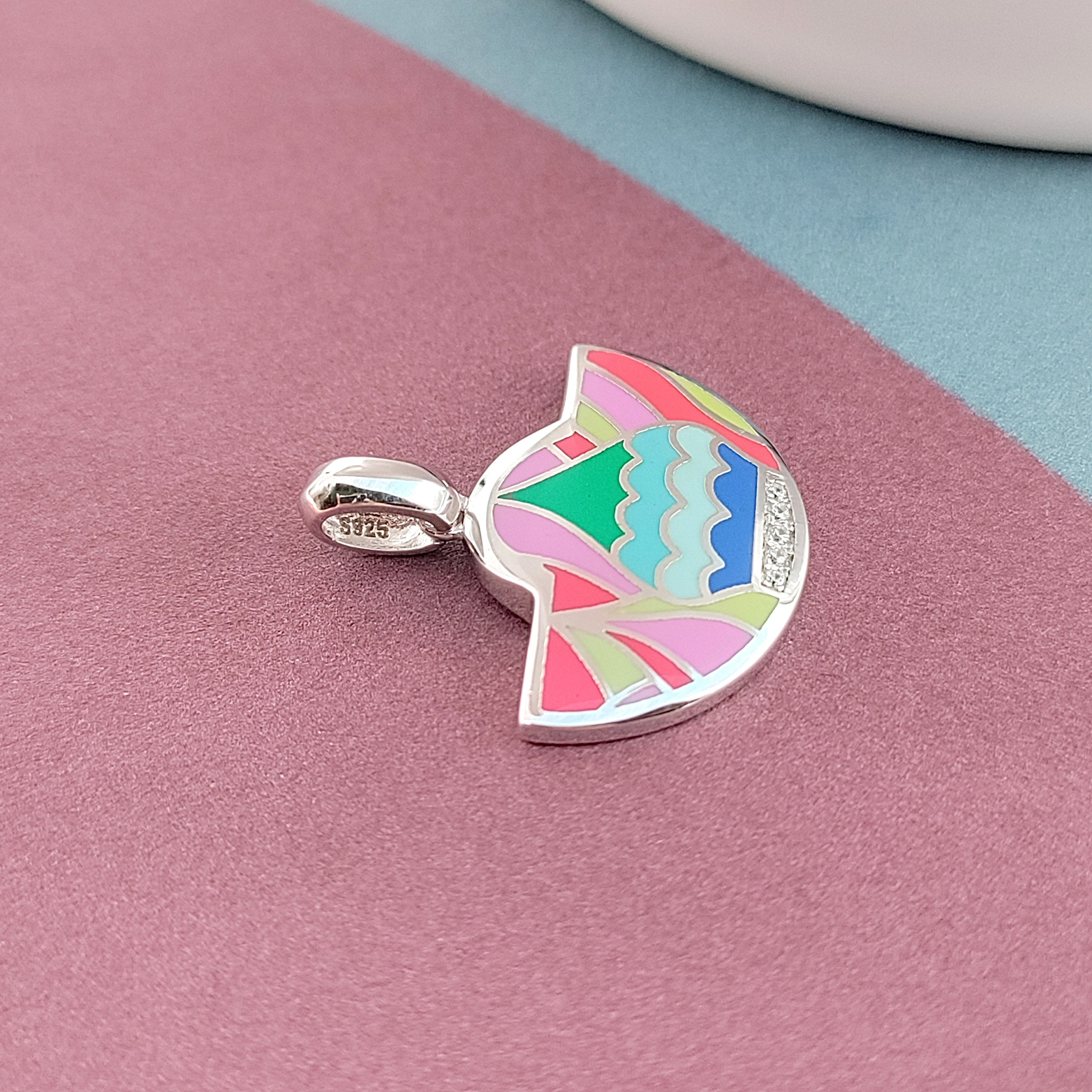 Colorfull Enamel Half Circle Pendant 925 Sterling Silver Pendant Handmade jewelry Cute Handmade Jewellery Wearable art