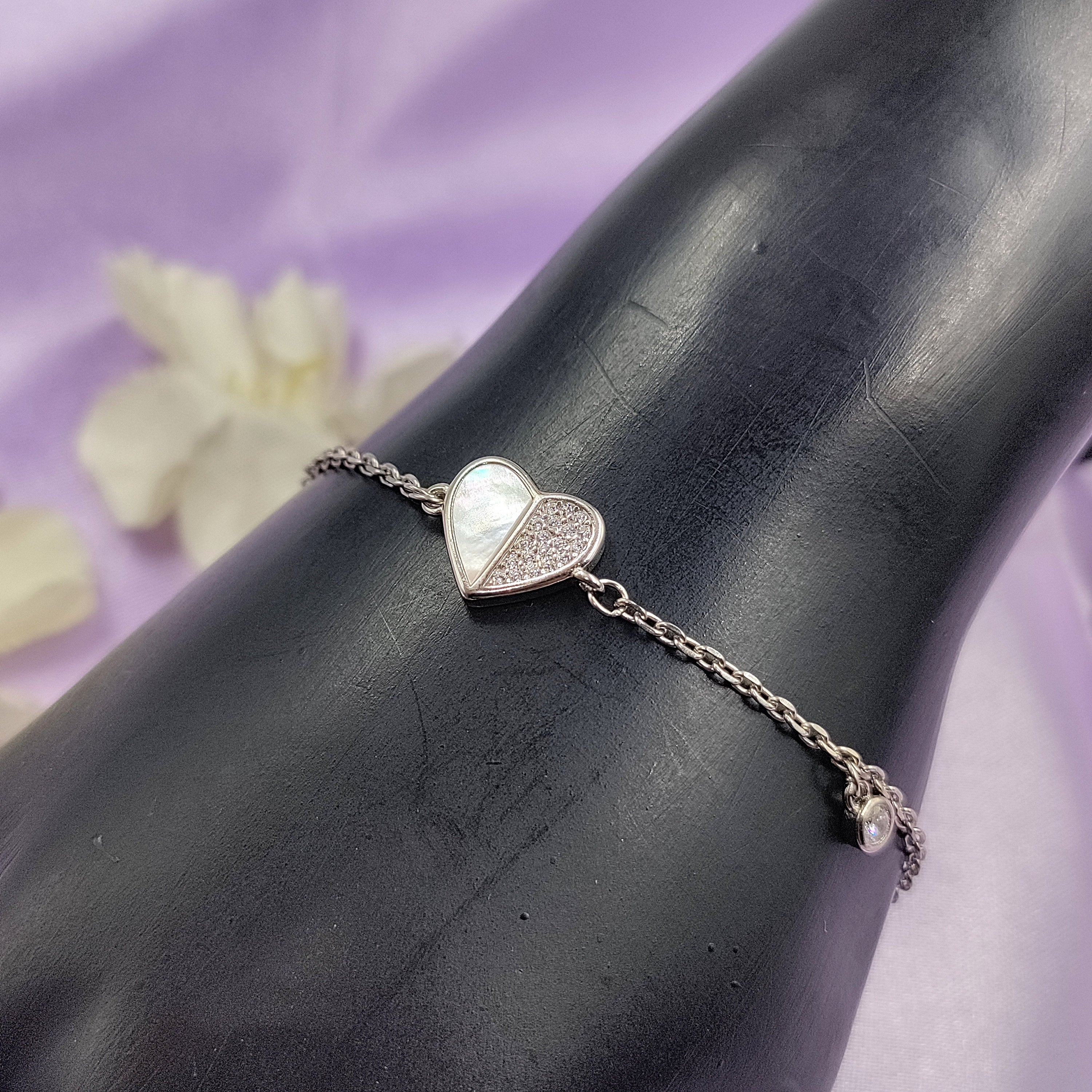925 Sterling Silver Handmade White Heart Tennis Bracelet with CZ Stone Charm Minimalist Gift for lover Anniversary