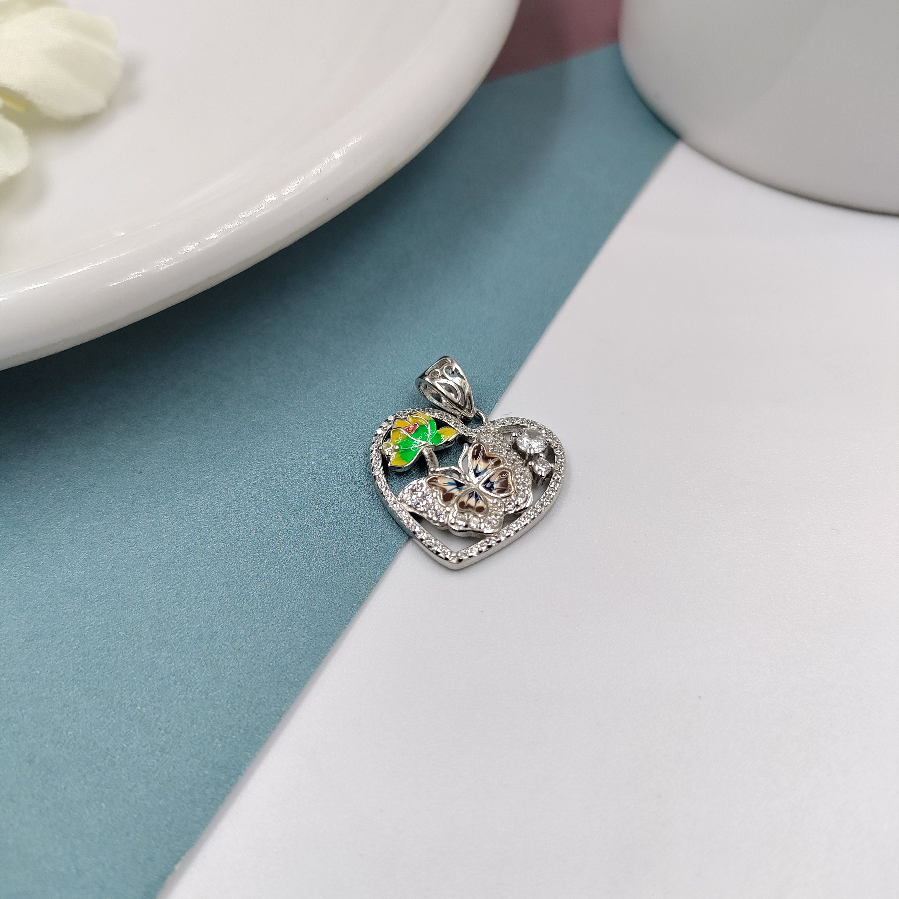 Pretty Butterfly CZ 925 Sterling Silver Pendant Heart Shape Pendant Handmade Jewellery Birthday, Anniversary, Wedding