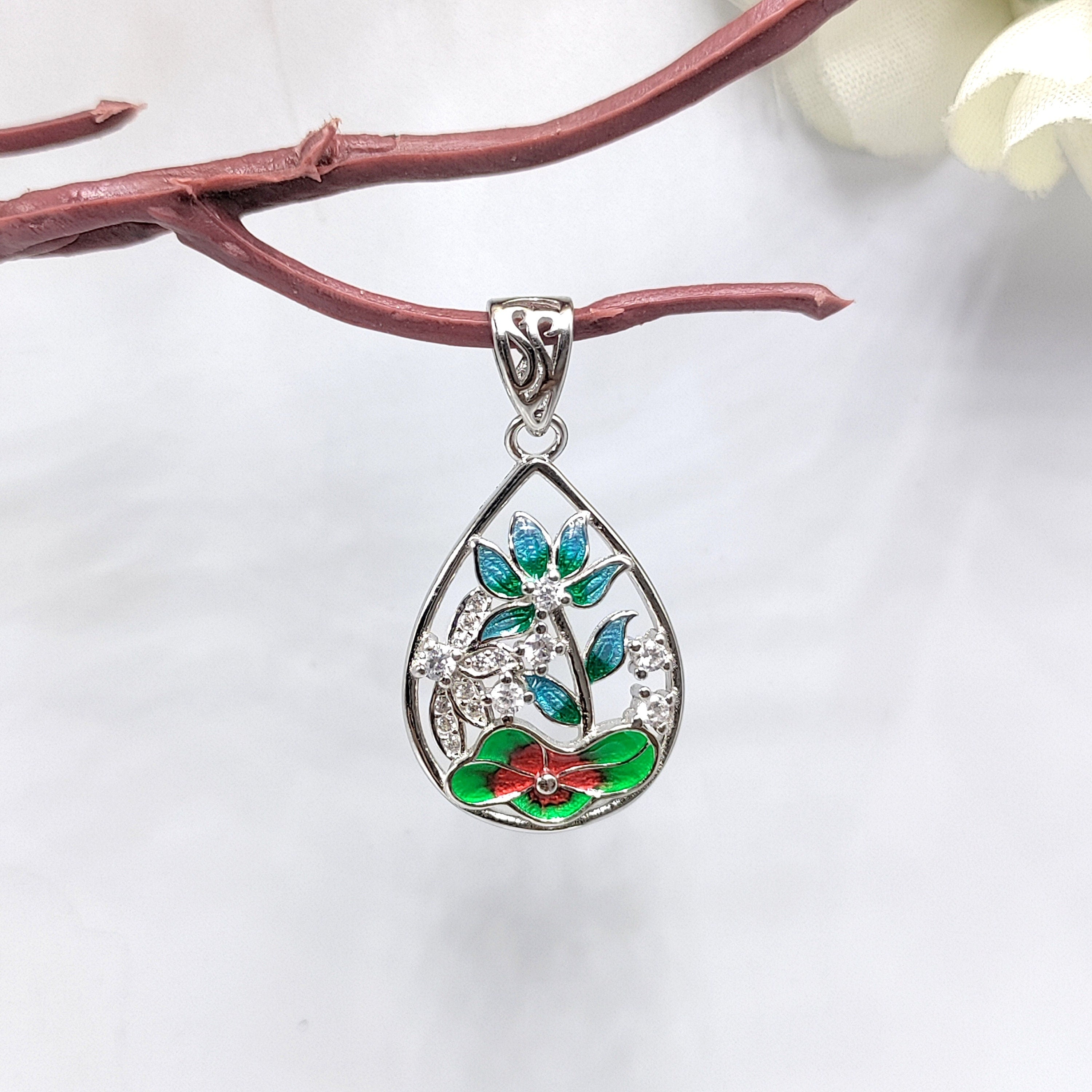 Floral Flower Pendant 925 Sterling Silver Beautifully Crafted Pear Shape Enamel Pendant Handmade Jewellery