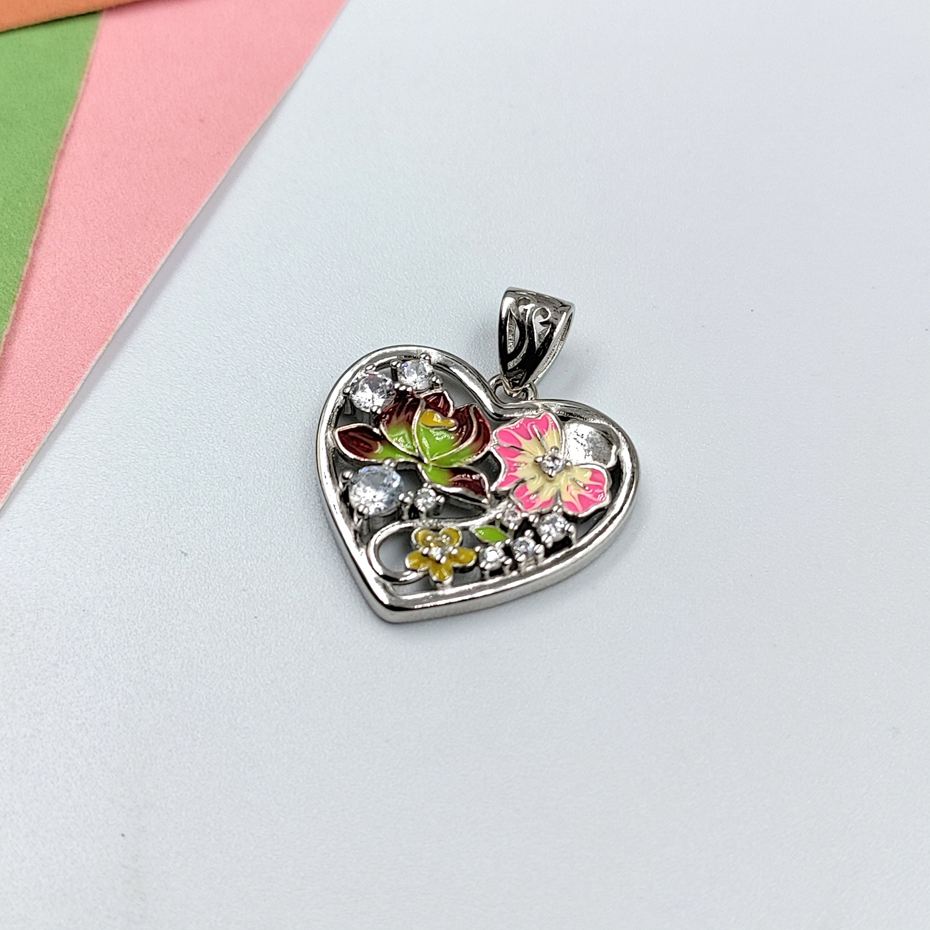 Red Green color Heart Shape Pendant 925 Sterling Silver Beautifully Crafted Enamel Pendant Floral CZ Jewelry Cute Handmade Bridesmaid Jewellery