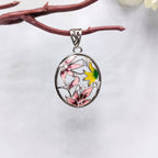 Pretty Flower Design Pendant 925 Sterling Silver Pendant Oval Shape Enamel Pendant with CZ Diamonds Handmade Jewellery,Daughter,Mother