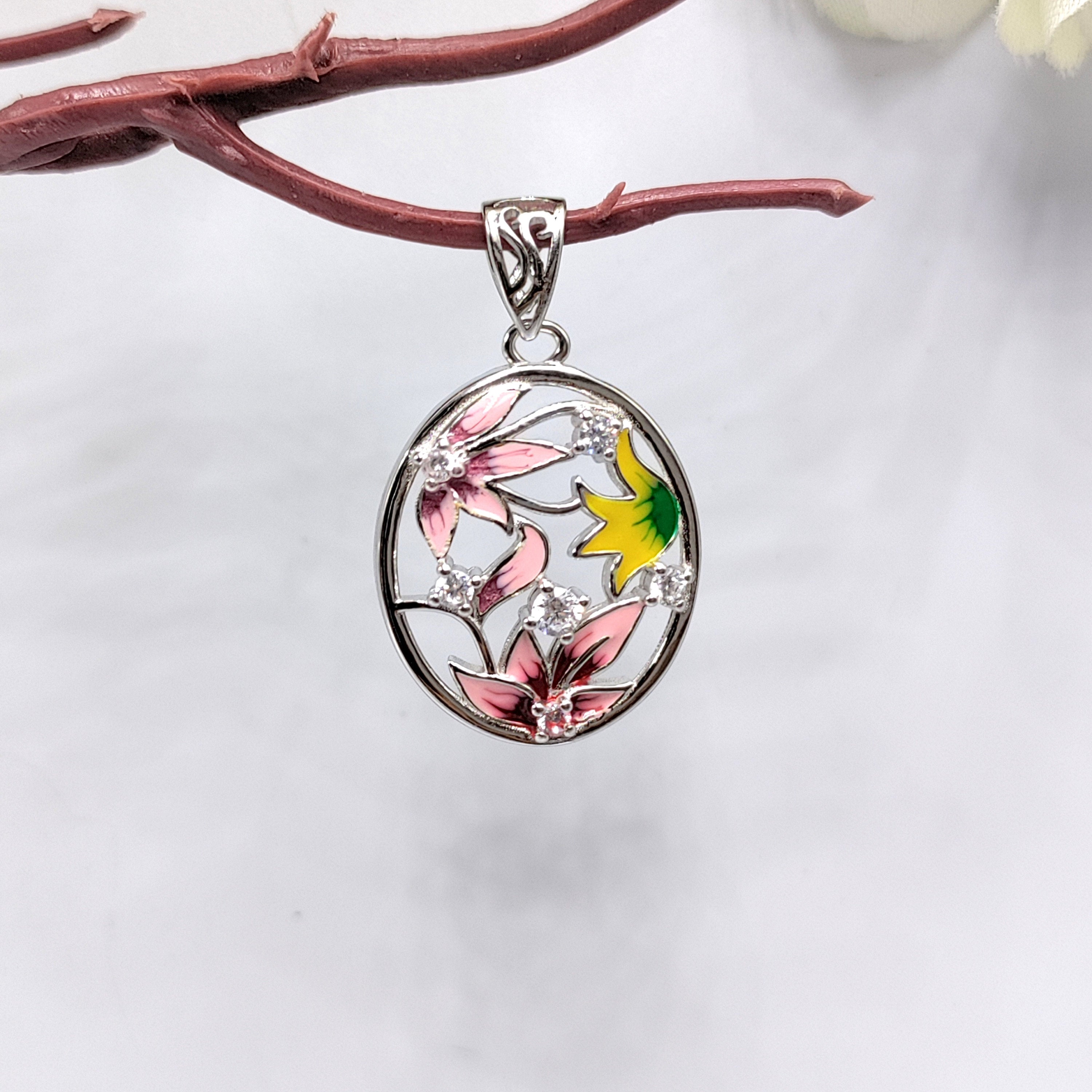 Pretty Flower Design Pendant 925 Sterling Silver Pendant Oval Shape Enamel Pendant with CZ Diamonds Handmade Jewellery,Daughter,Mother