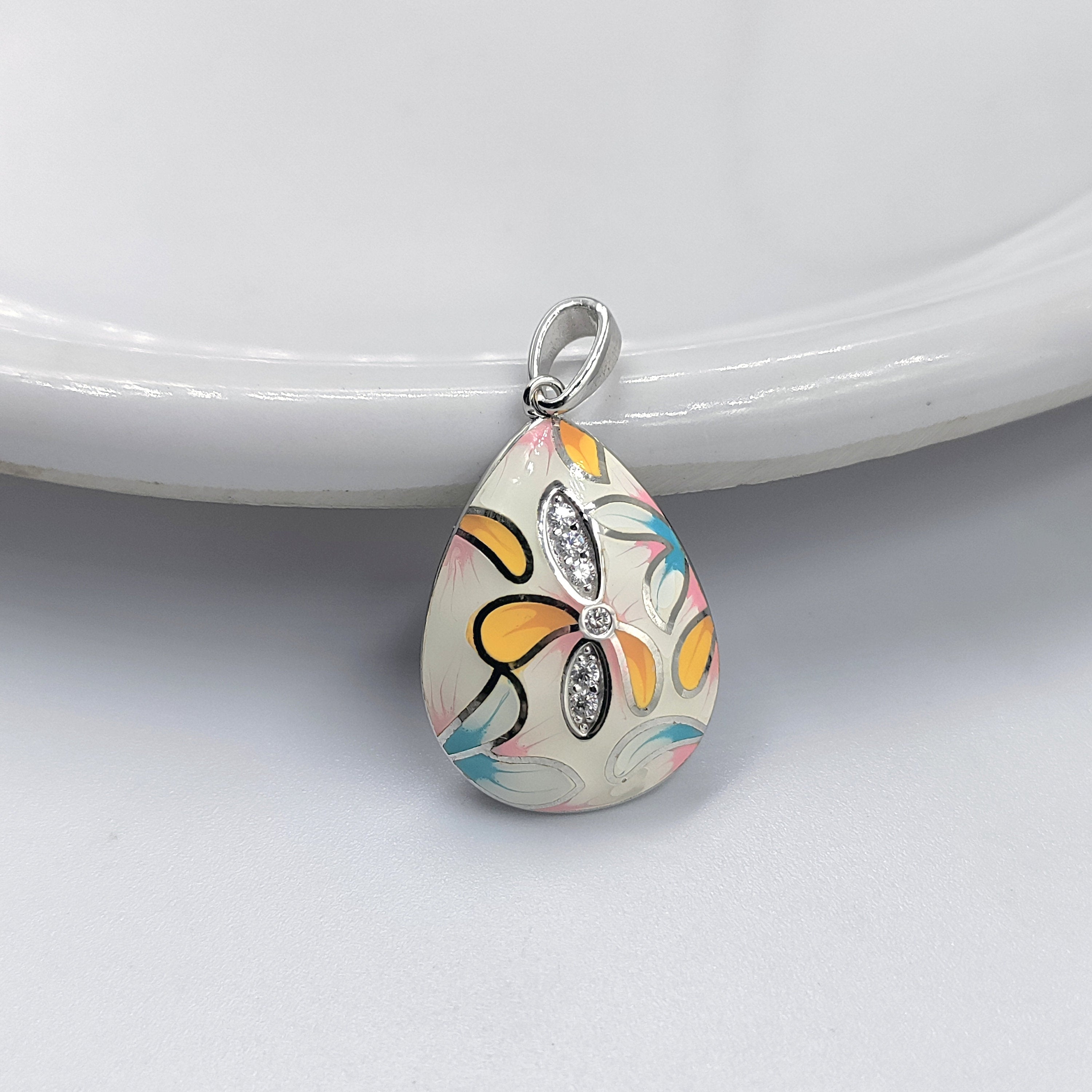 925 Silver Pendant Beautifully Crafted Pear Shape Teardrop Enamel Pendant CZ Floral Art Handmade Jewellery