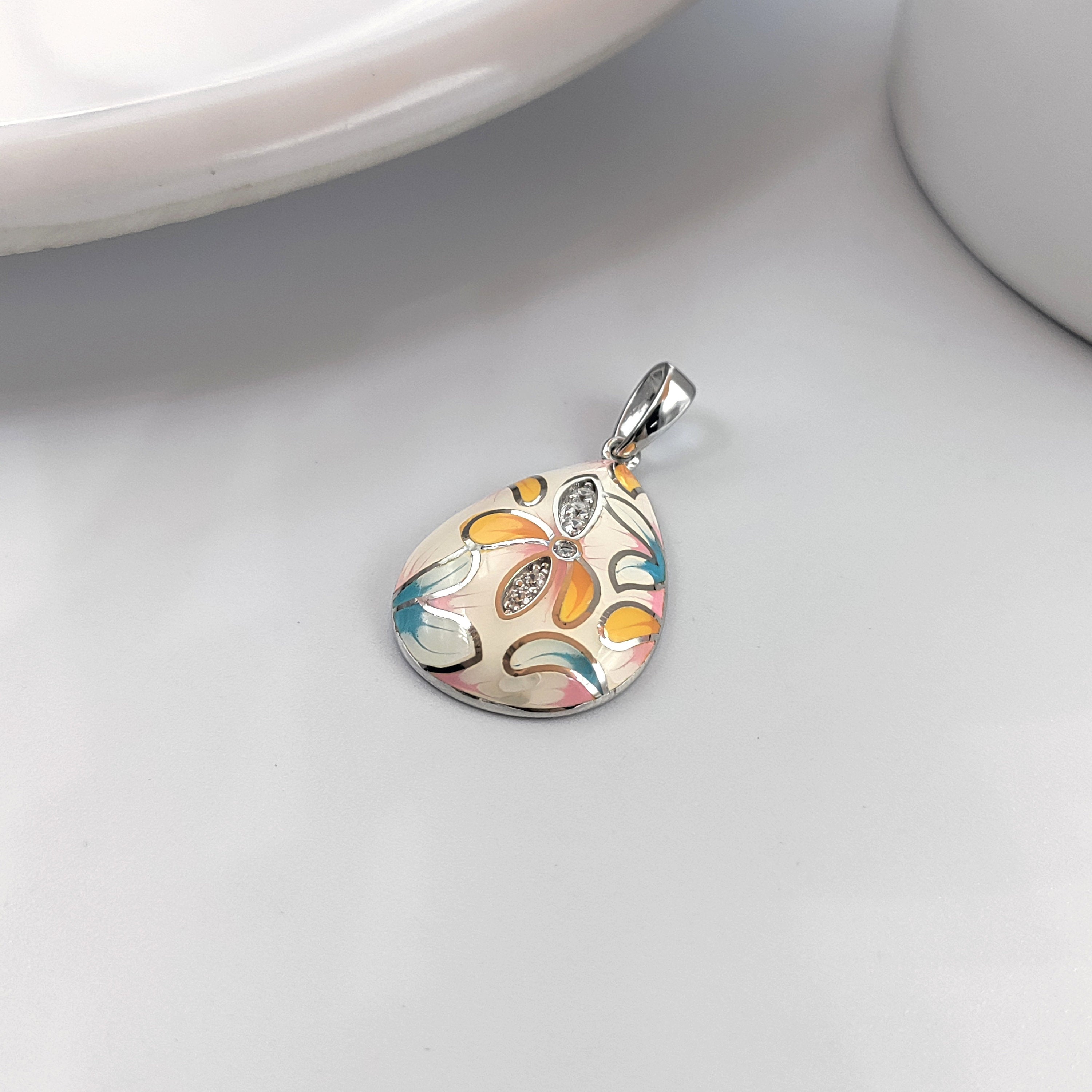 925 Silver Pendant Beautifully Crafted Pear Shape Teardrop Enamel Pendant CZ Floral Art Handmade Jewellery