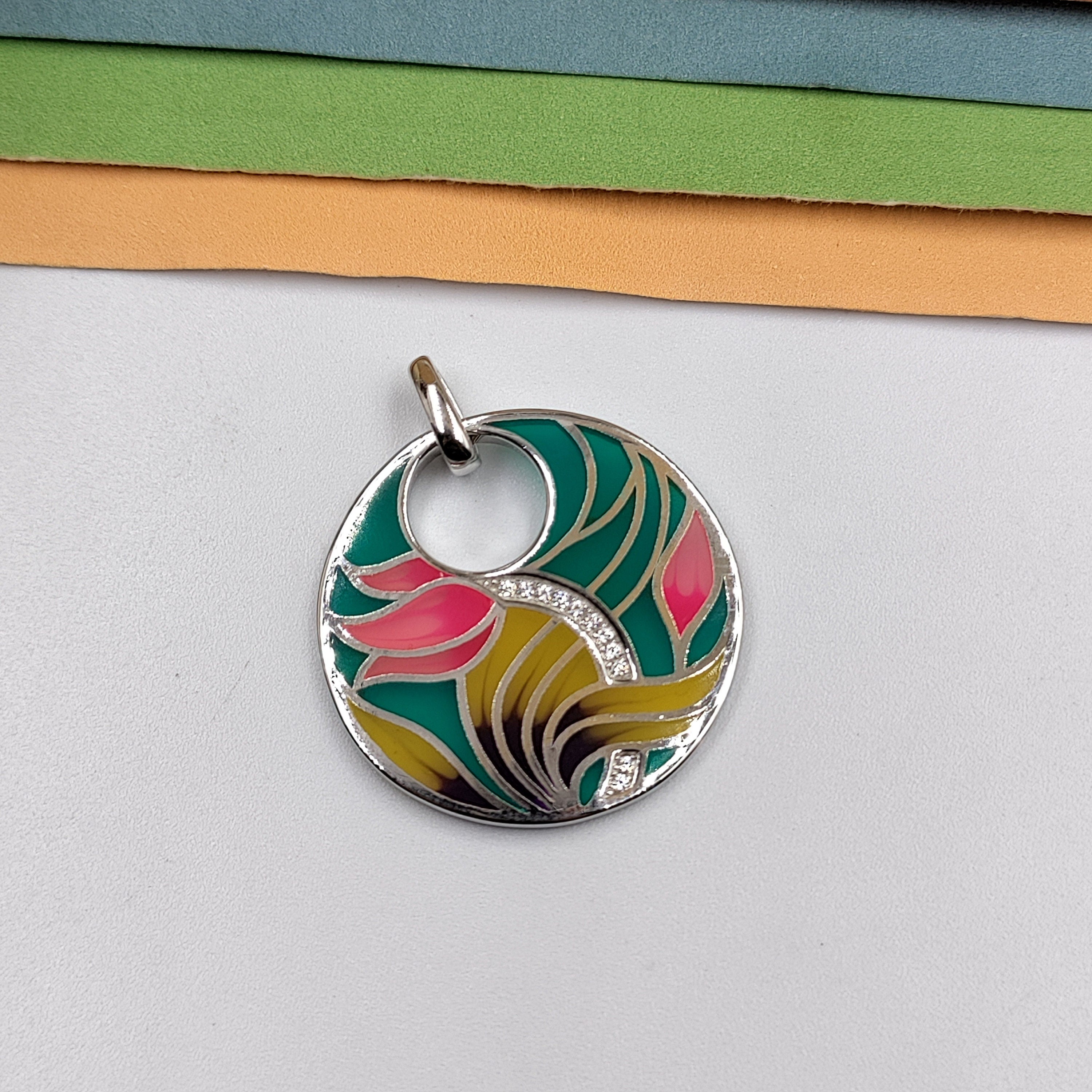 Multicolor Round Enamel Pendant 925 Sterling Silver Beautiful Handcrafted Floral art jewelry