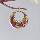 Yellow Purple Round Enamel Pendant 925 Sterling Silver Beautiful Handcrafted Floral art jewelry