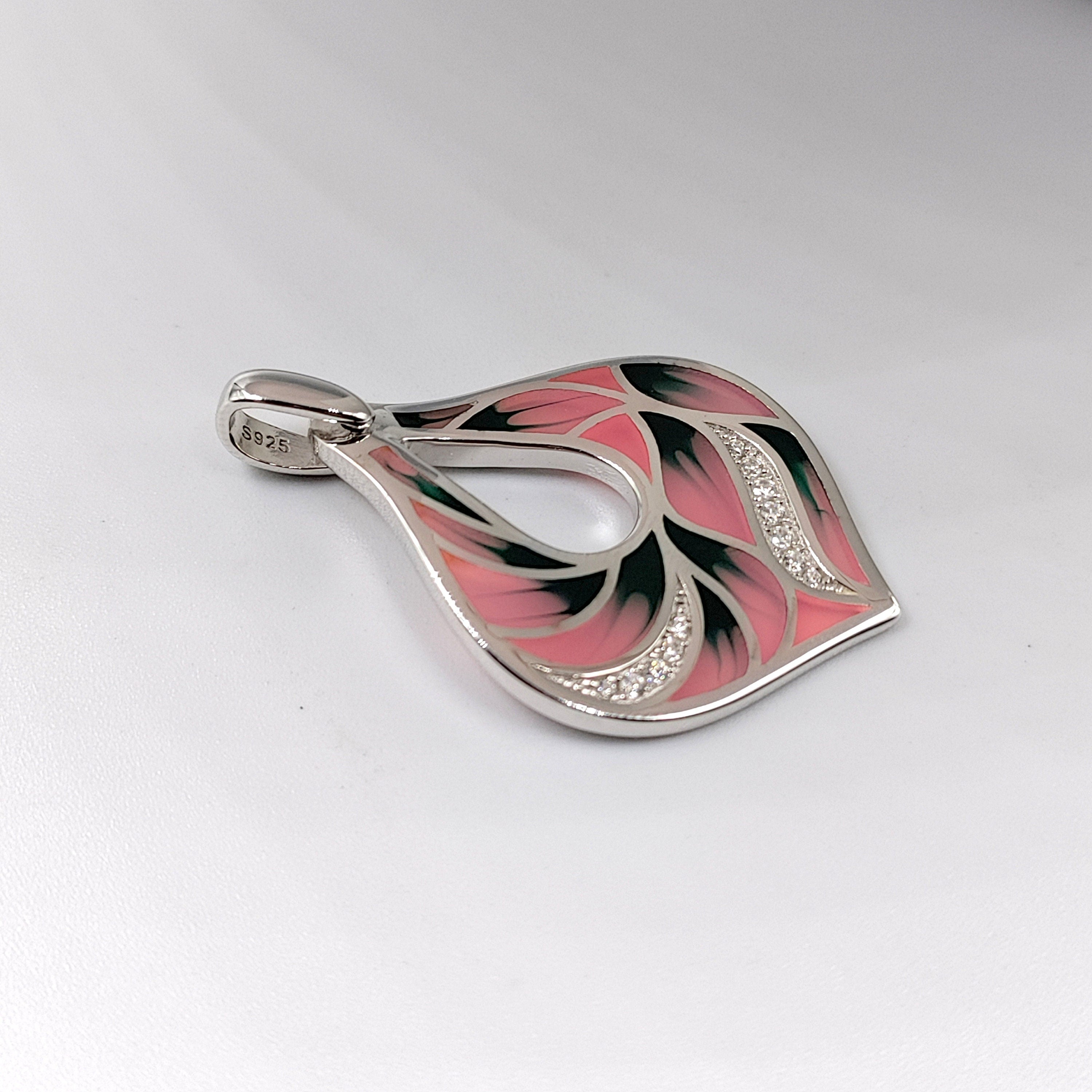 Pink Floral Enamel Pendant Petal Shape 925 Sterling Silver Beautiful Handcrafted Floral art jewelry