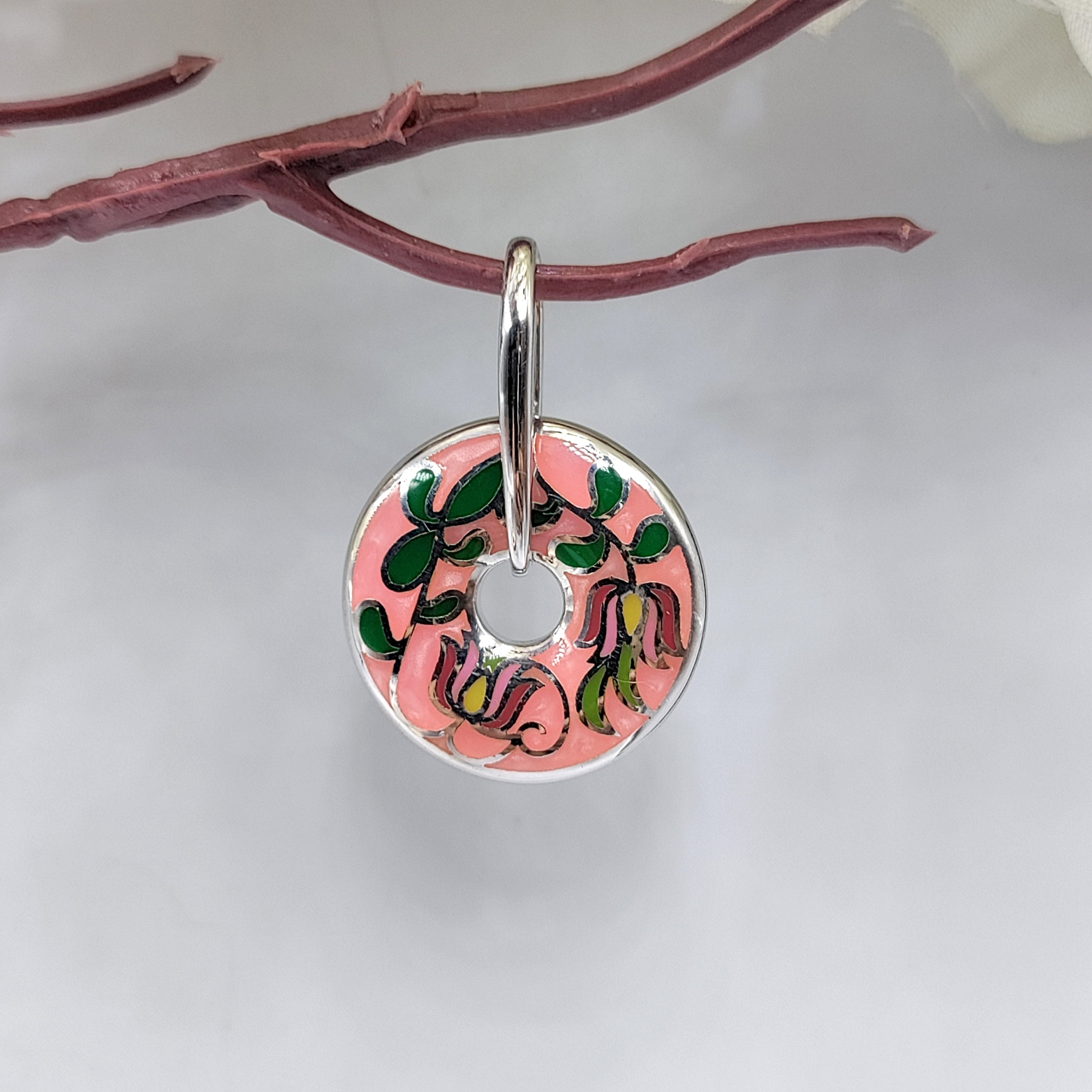 925 Sterling Silver Lotus Flower Pattern Enamel Pendant Round Shape Handcrafted Floral art jewelry