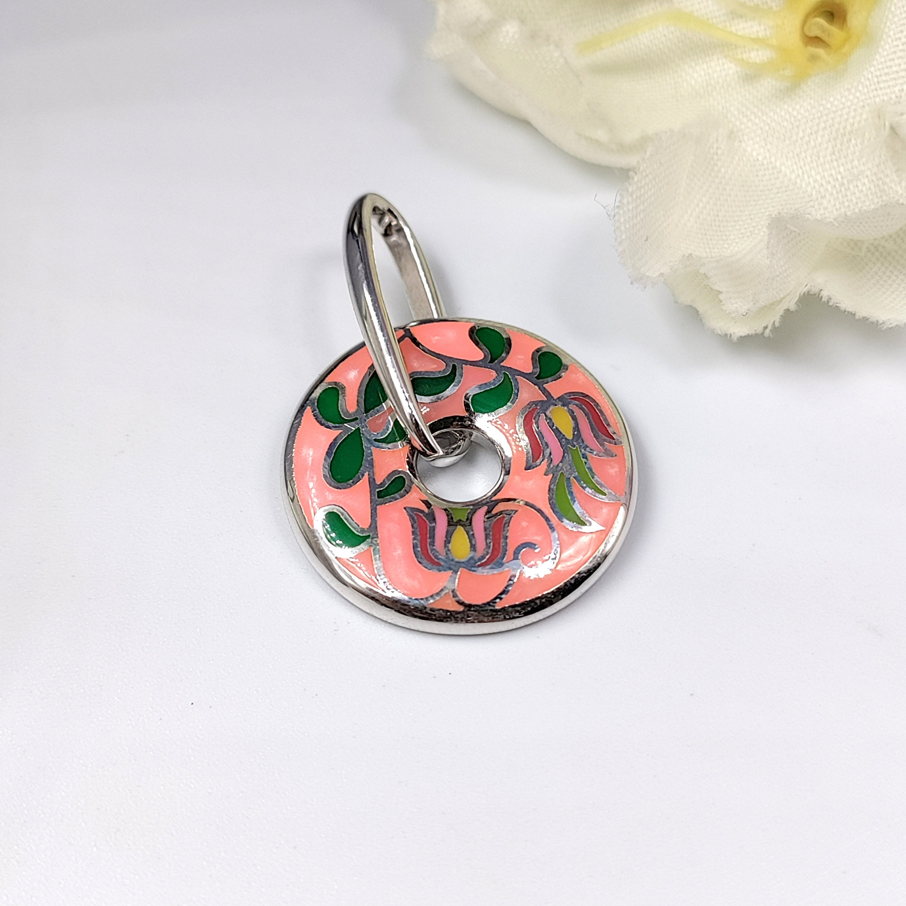 925 Sterling Silver Lotus Flower Pattern Enamel Pendant Round Shape Handcrafted Floral art jewelry