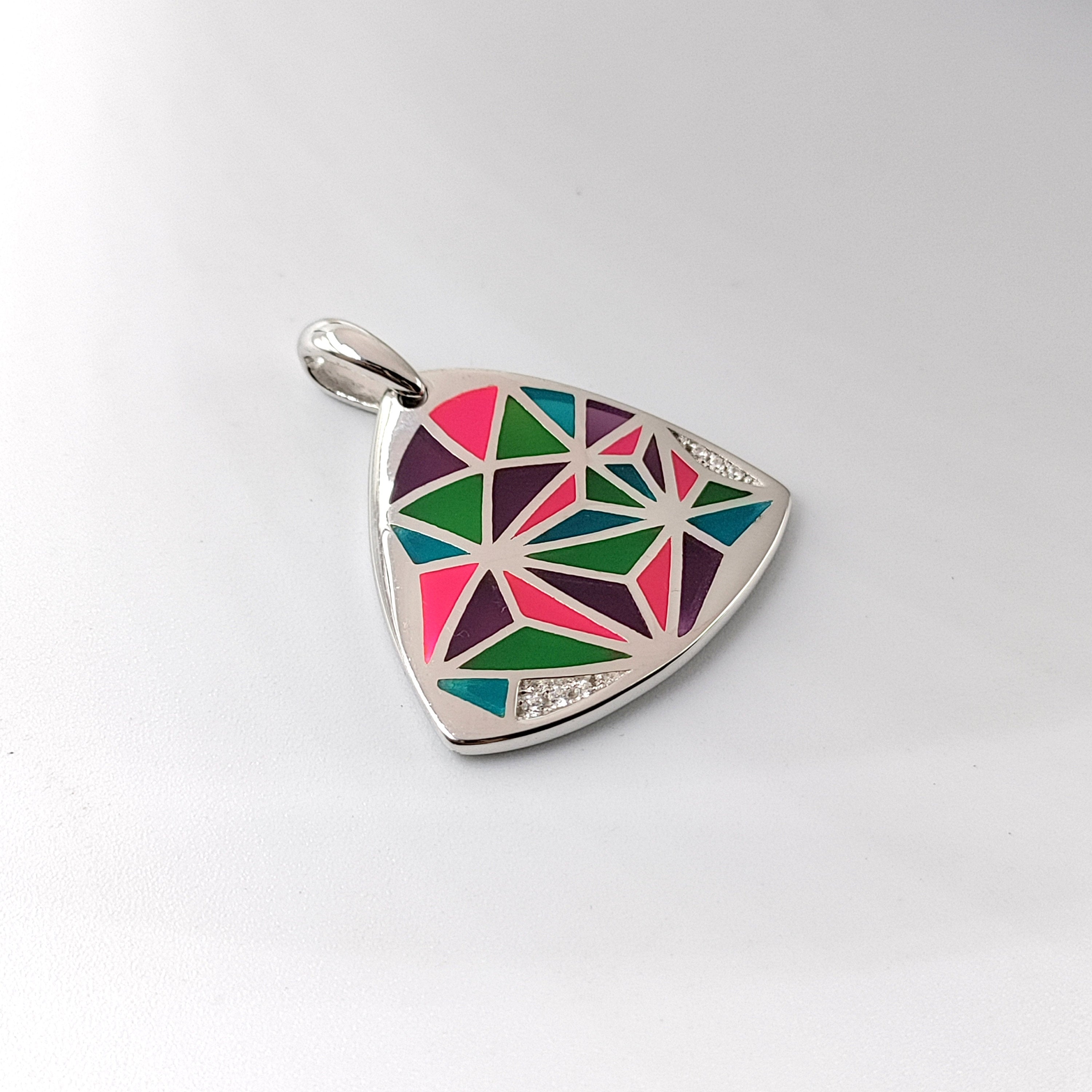 Geometric Design Triangle Shape Multicolor Enamel Pendant 925 Sterling Silver Handmade jewelry