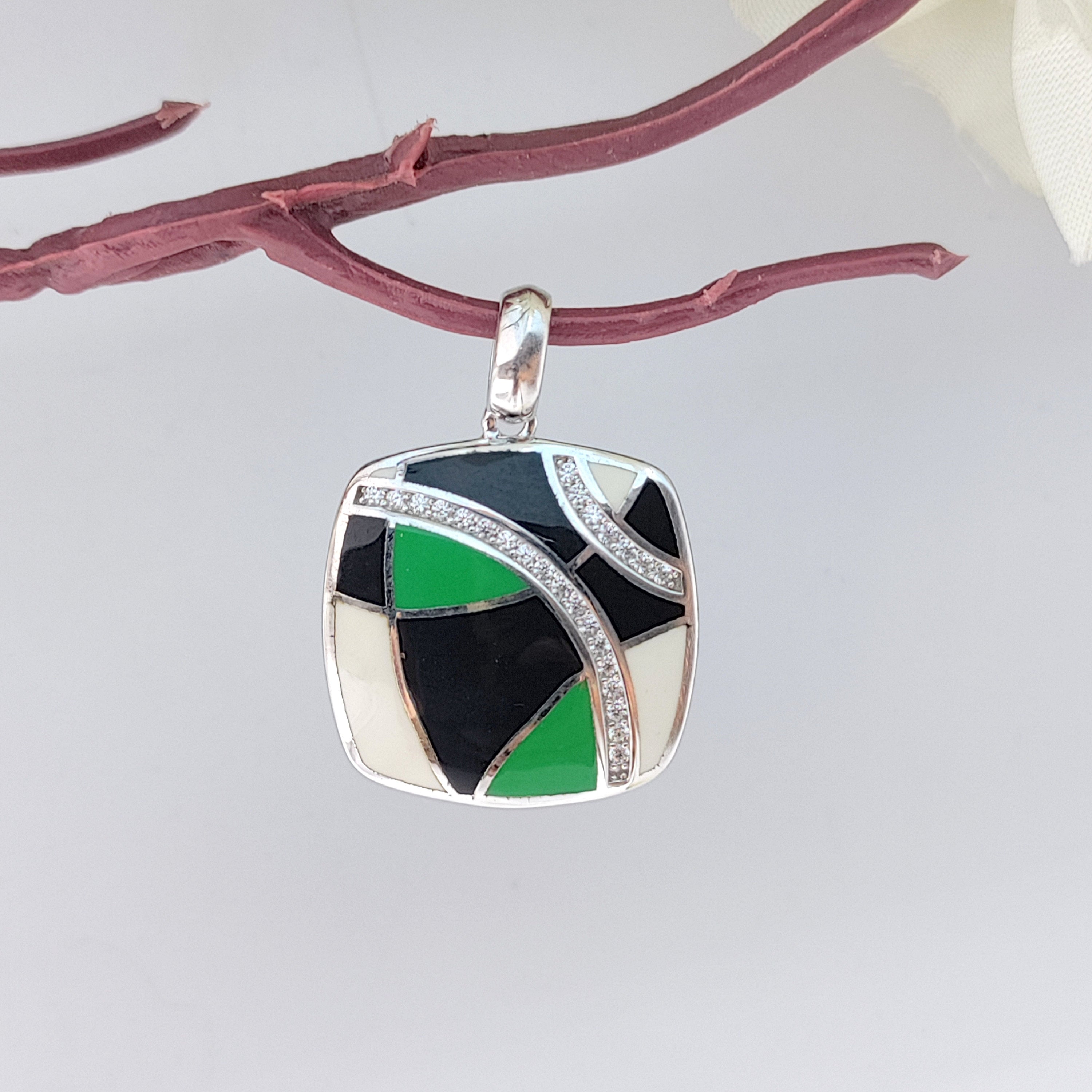 Emerald Black and white 925 Sterling Silver Enamel Pendant Minimalist Handmade art jewelry