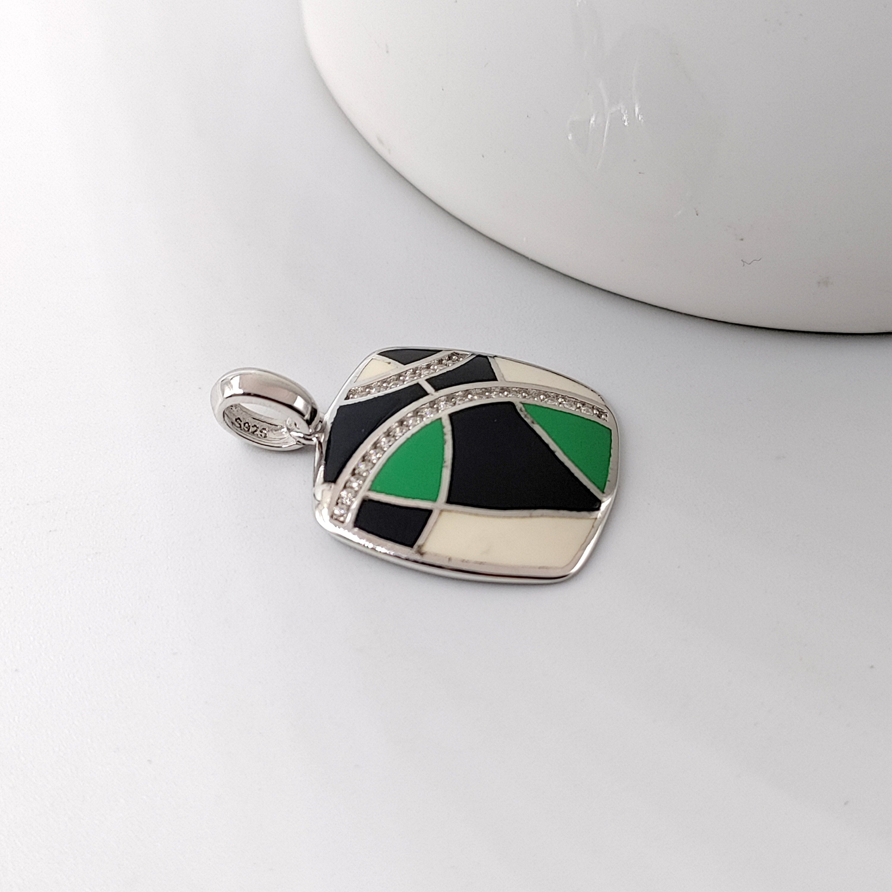 Emerald Black and white 925 Sterling Silver Enamel Pendant Minimalist Handmade art jewelry