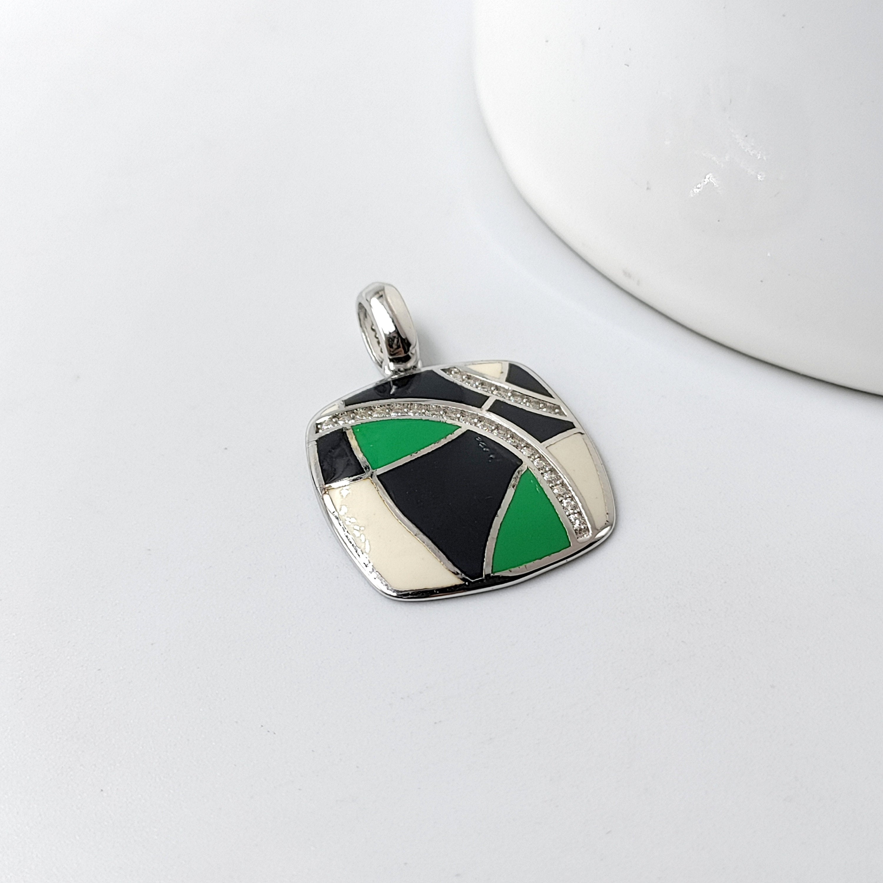 Emerald Black and white 925 Sterling Silver Enamel Pendant Minimalist Handmade art jewelry