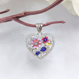 Heart Shape Floral Design Pendant 925 Sterling Silver Beautifully Crafted Enamel Pendant Floral CZ Jewelry Cute Handmade Jewellery