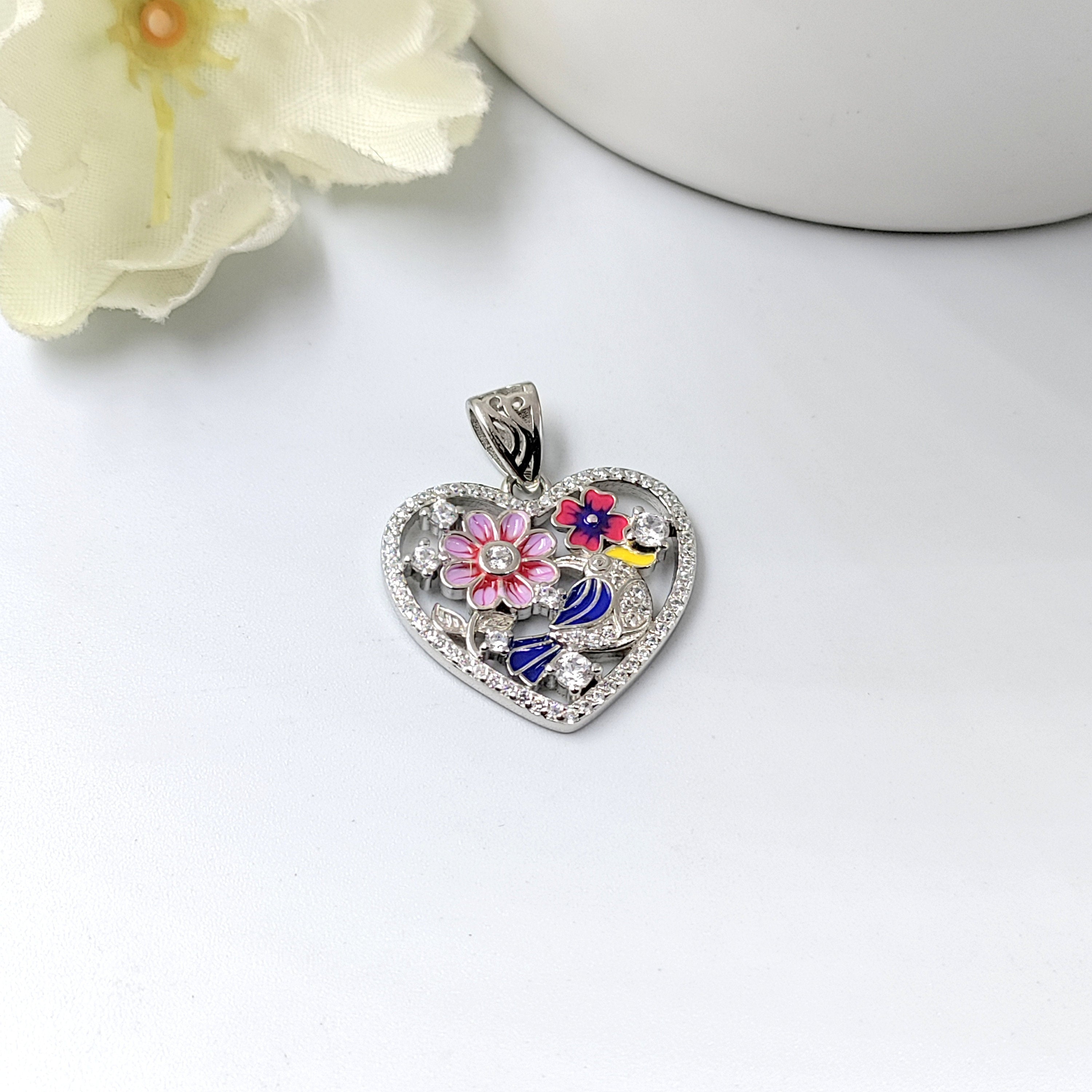 Heart Shape Floral Design Pendant 925 Sterling Silver Beautifully Crafted Enamel Pendant Floral CZ Jewelry Cute Handmade Jewellery